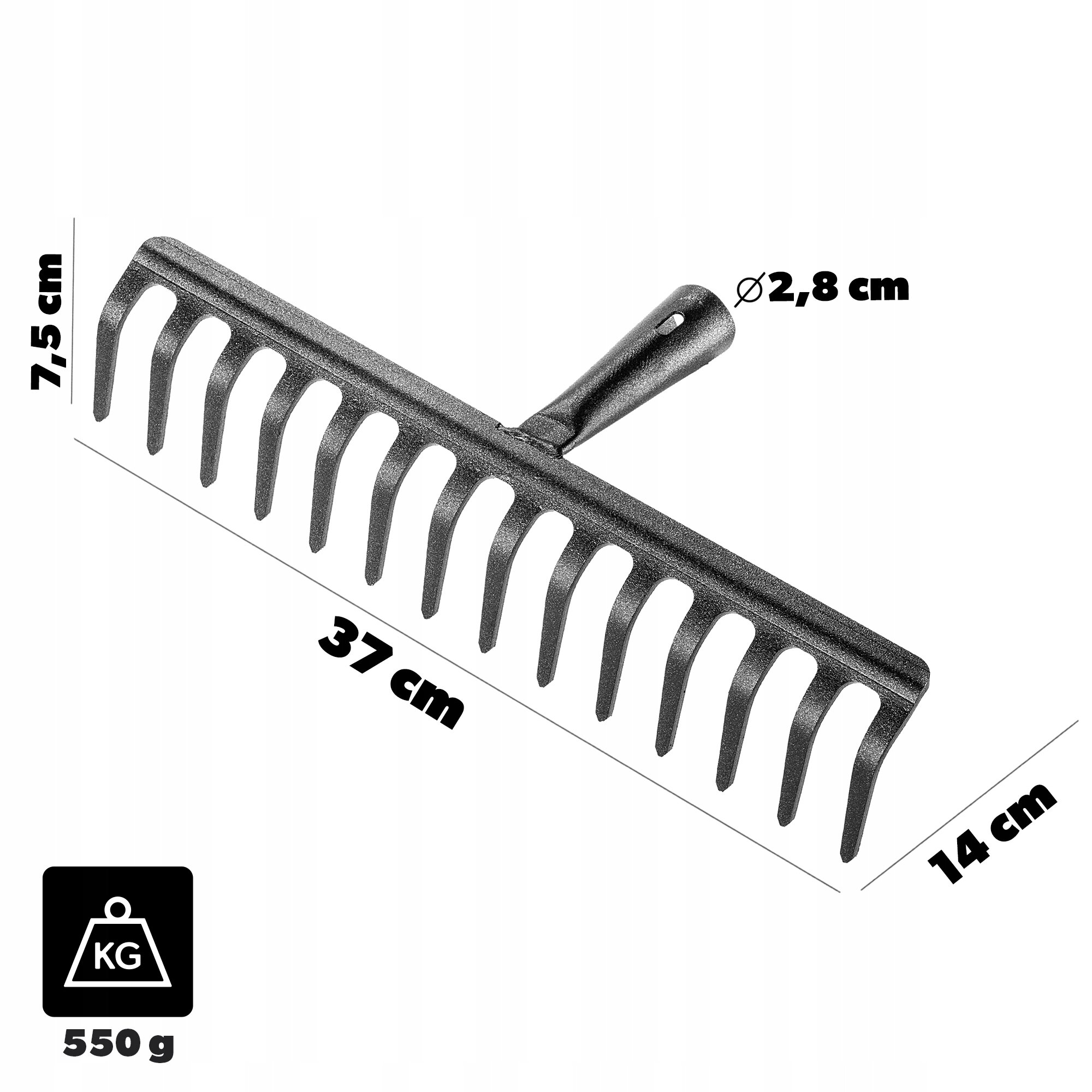 Obraz przedstawia stalowe grabie do liści z 14 zębami, bez trzonka. Wymiary to 37 cm szerokości, 14 cm długości zębów, 7,5 cm wysokości, średnica otworu 2,8 cm, waga 550 g.