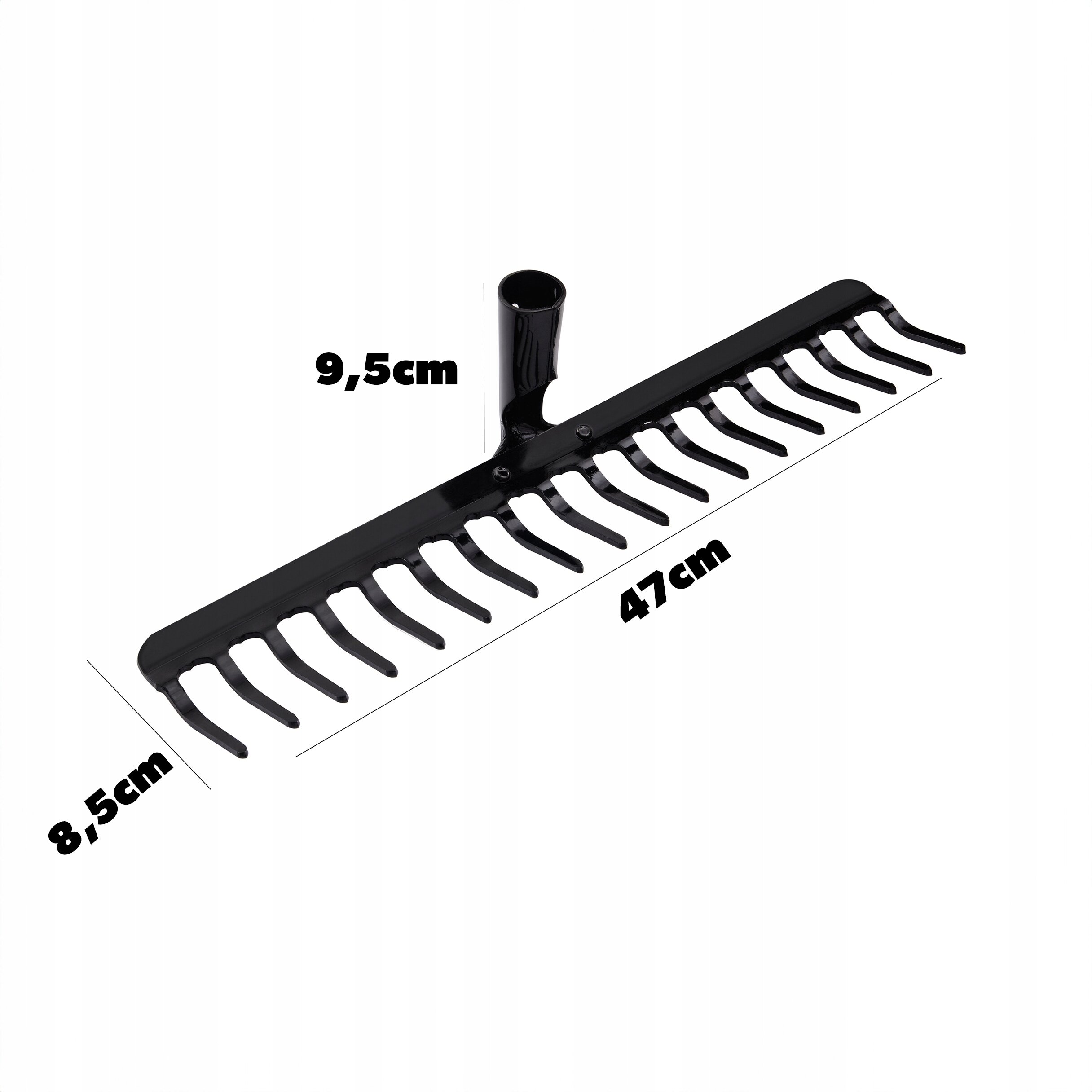 Na obrazie widoczne są metalowe grabie do liści z 18 zębami, bez trzonka. Wymiary to 47 cm szerokości, 9,5 cm wysokości uchwytu i 8,5 cm głębokości.