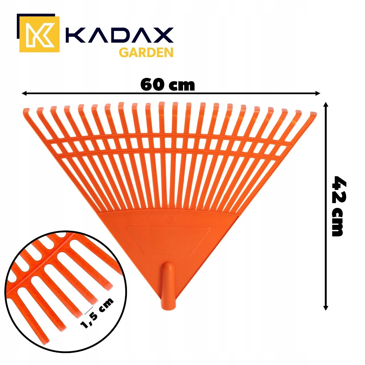 Na obrazie widoczne są pomarańczowe plastikowe grabie ogrodowe o szerokości 60 cm i wysokości 42 cm z 22 zębami. W lewym górnym rogu znajduje się logo \'KADAX GARDEN\'.