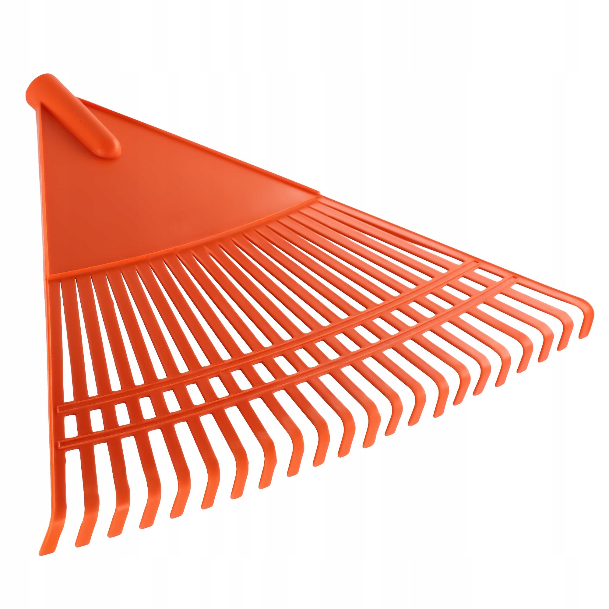 Na obrazie widoczne są pomarańczowe plastikowe grabie ogrodowe o szerokości 60 cm z 22 zębami, bez trzonka.