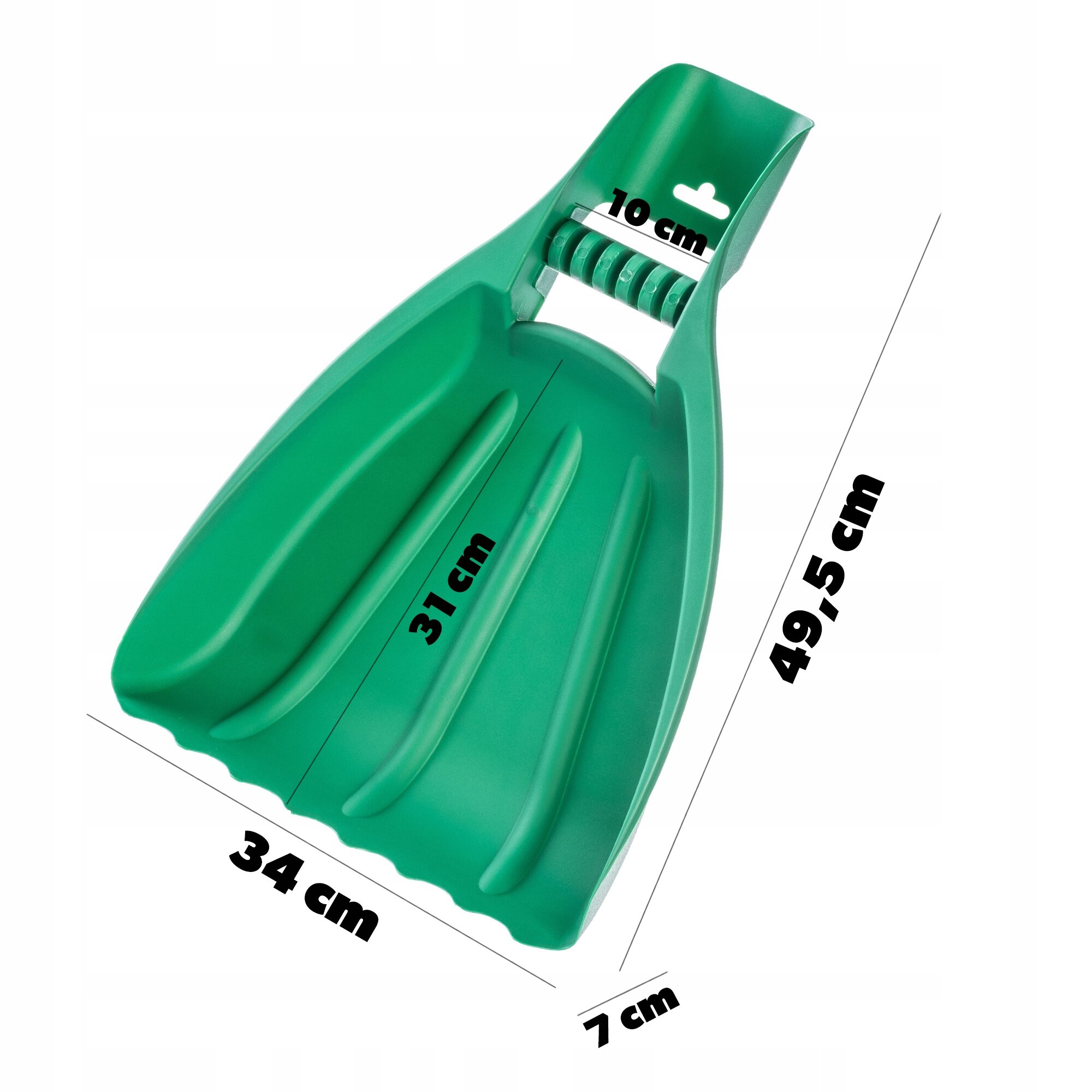 Zielony plastikowy zgarnianacz do liści o wymiarach: 49,5 cm długości, 34 cm szerokości, 31 cm głębokości i 7 cm wysokości uchwytu. Widoczne są również oznaczenia 10 cm na uchwycie.