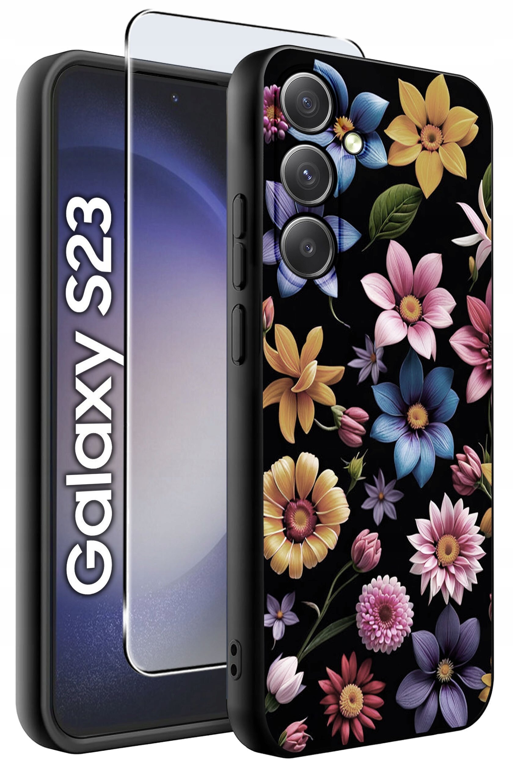 Obraz przedstawia etui na telefon z kolorowym wzorem kwiatów na czarnym tle oraz szkło ochronne. Obok widoczny jest napis \'Galaxy S23\'.