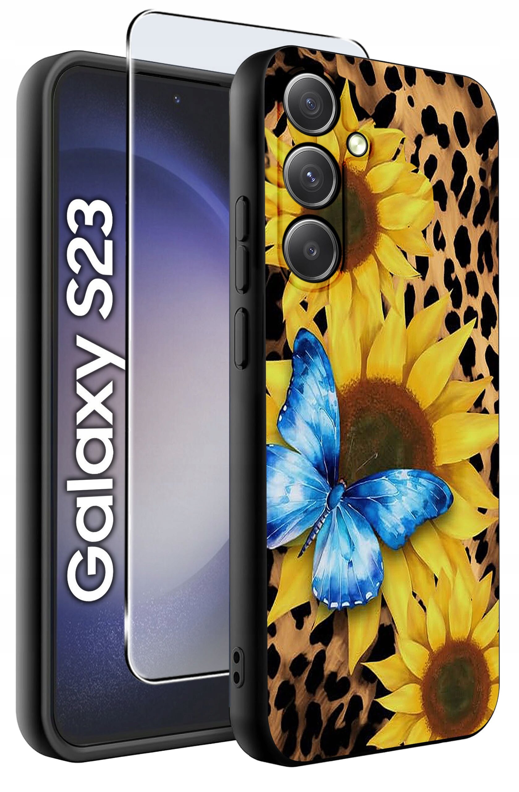 Etui na telefon z motywem słoneczników i niebieskiego motyla na tle w cętki, obok widoczne szkło ochronne. Tekst na obrazie: \'Galaxy S23\'.