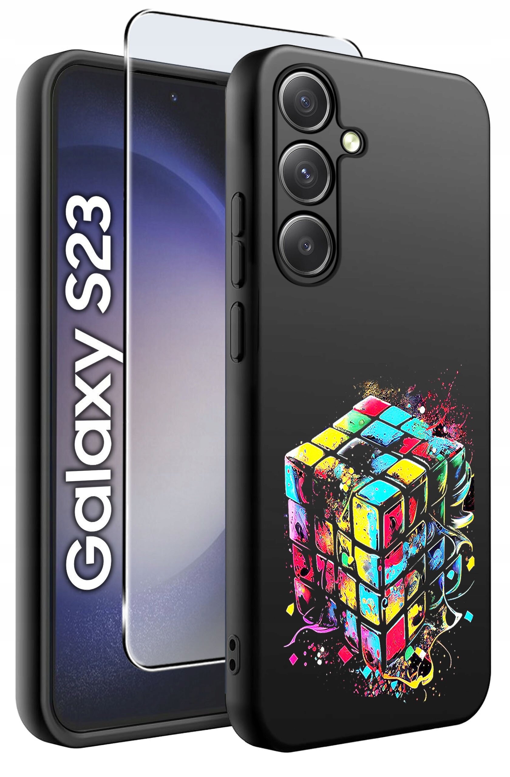 Obraz przedstawia czarne etui na telefon z kolorowym wzorem przypominającym kostkę Rubika oraz szkło ochronne. Obok widoczny jest napis \'Galaxy S23\'.