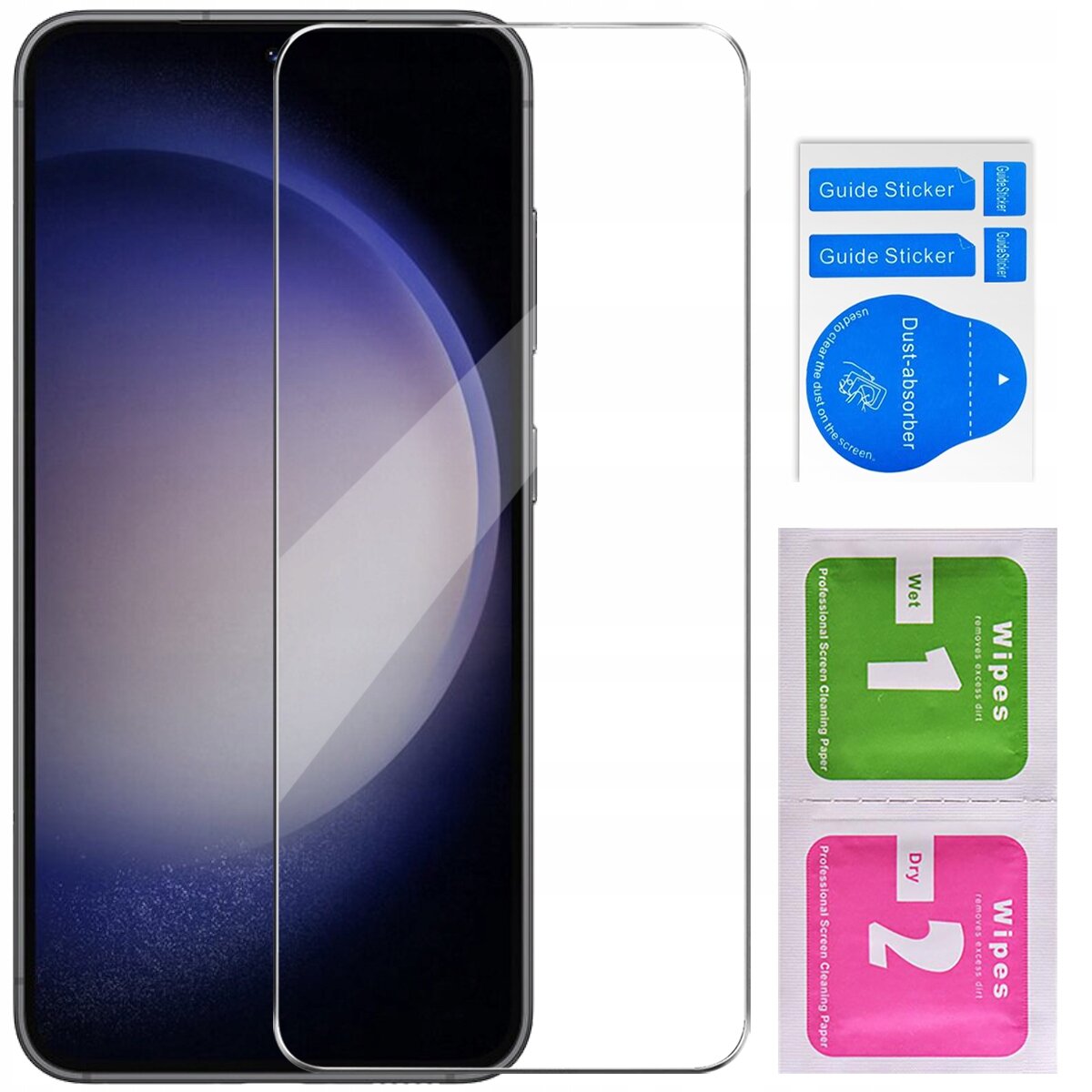 Na obrazie widoczny jest telefon z nałożonym szkłem ochronnym oraz zestaw akcesoriów do montażu, w tym naklejki \'Guide Sticker\', \'Dust-absorber\' oraz chusteczki \'Wet 1\' i \'Dry 2\'.