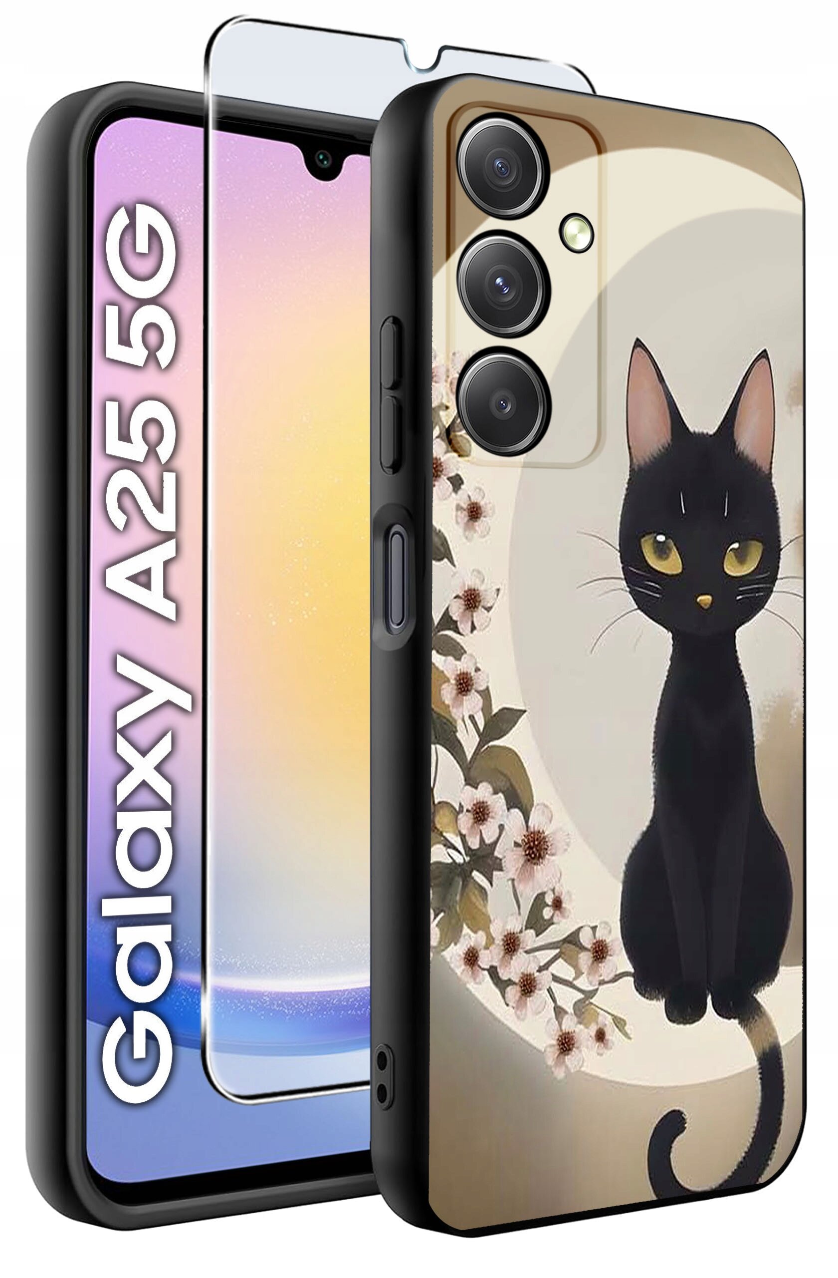 Etui na telefon z nadrukiem czarnego kota i kwiatów, obok szkło hartowane. Widoczny napis: \'Galaxy A25 5G\'.