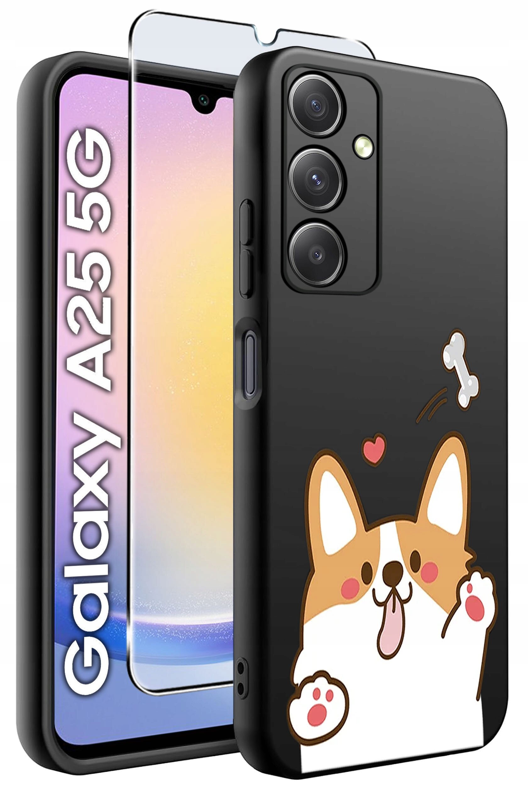 Czarne etui na telefon z grafiką psa i kością oraz szkło hartowane. Obok widoczny napis \'Galaxy A25 5G\'.
