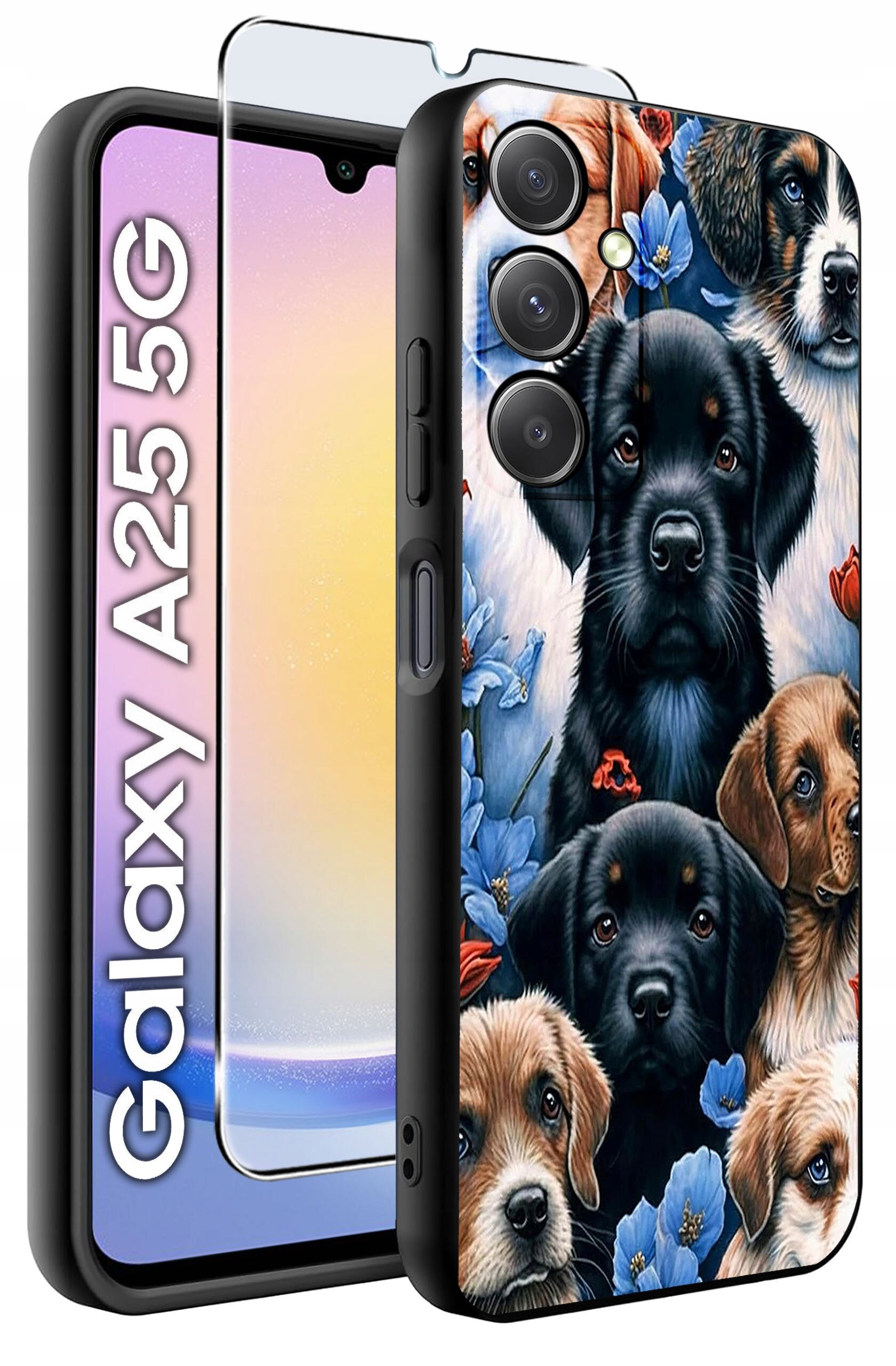 Etui na telefon z wzorem przedstawiającym psy oraz szkło hartowane. Obok widoczny jest napis \'Galaxy A25 5G\'.