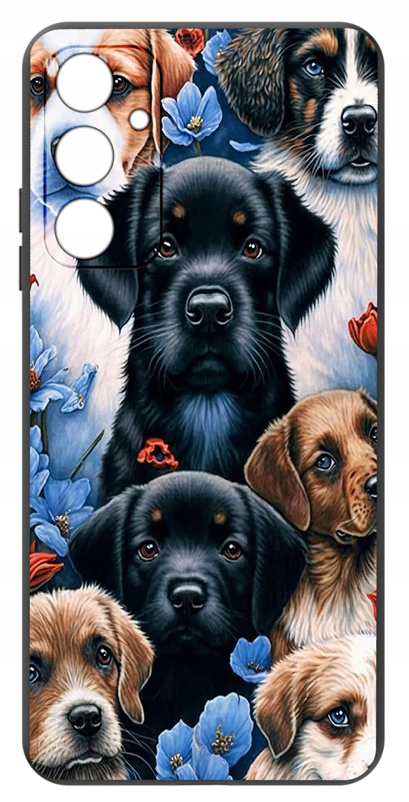 Etui na telefon z wzorem przedstawiającym realistyczne wizerunki psów otoczonych niebieskimi i czerwonymi kwiatami. Etui posiada wycięcia na aparat i przyciski boczne.