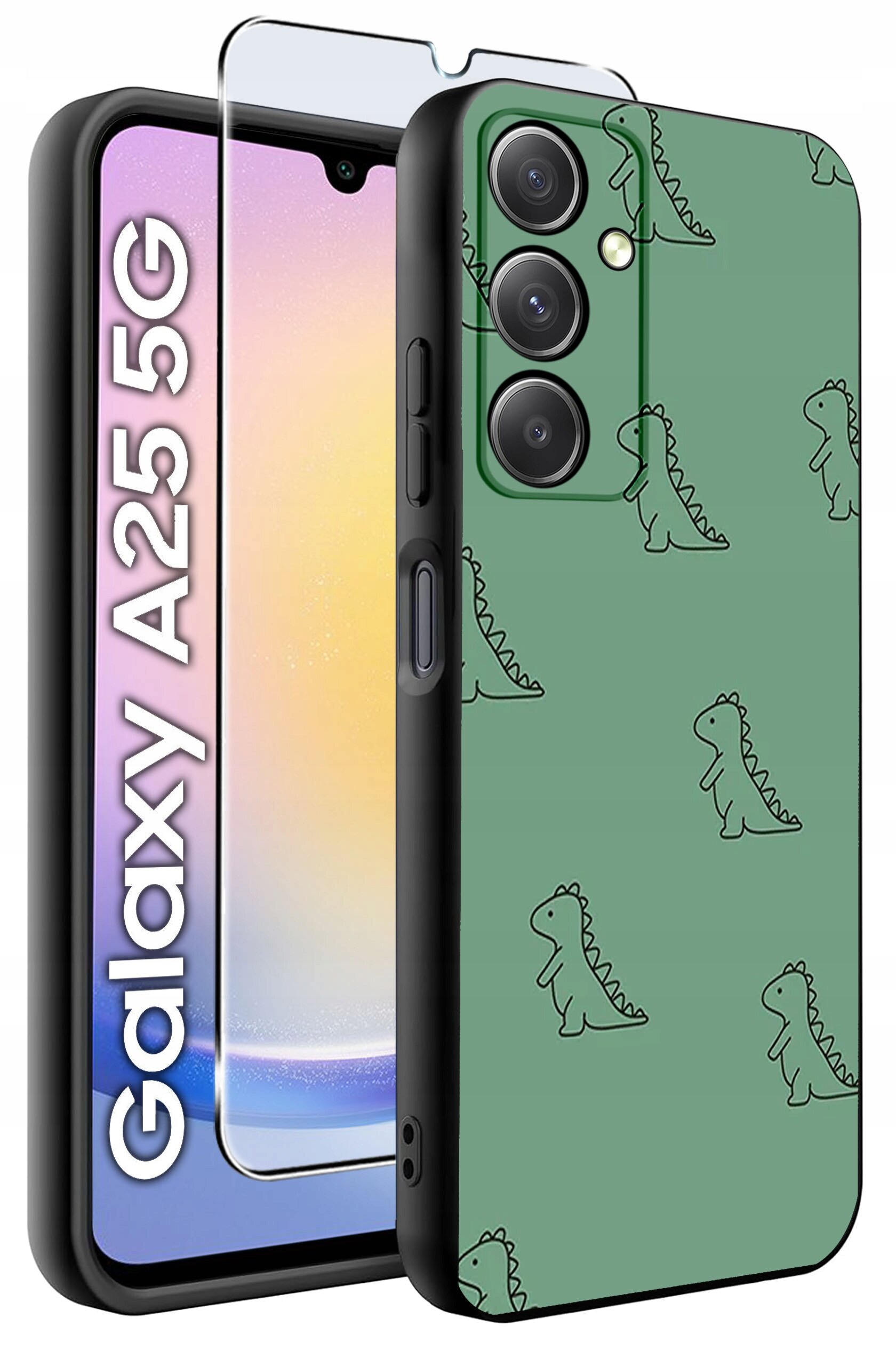 Obraz przedstawia zielone etui z wzorem dinozaurów na telefon Galaxy A25 5G oraz szkło hartowane. Na ekranie telefonu widoczny jest napis \'Galaxy A25 5G\'.
