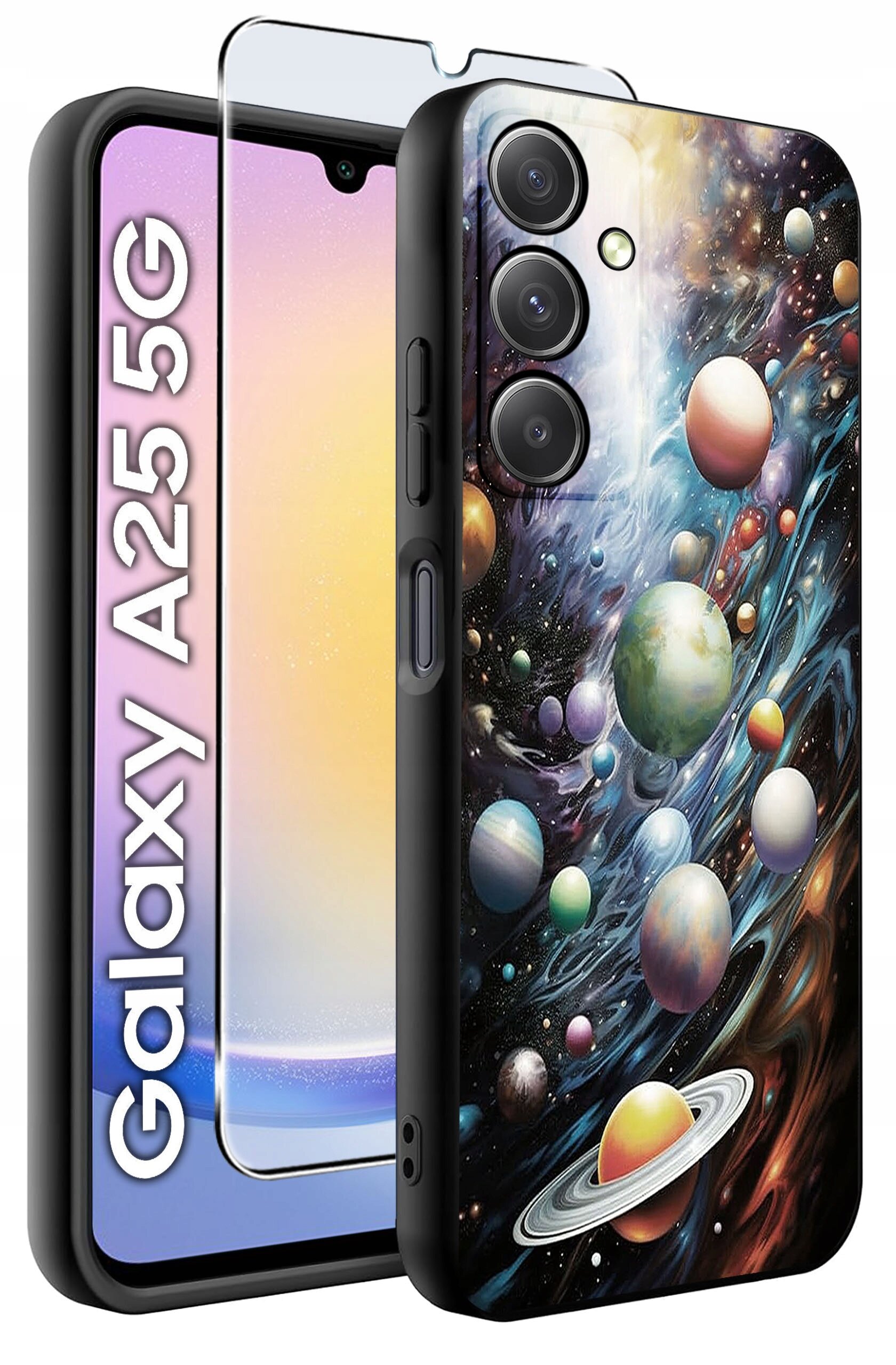 Obraz przedstawia etui na telefon z kolorowym wzorem planet i przestrzeni kosmicznej oraz szkło hartowane. Na ekranie telefonu widoczny jest tekst \'Galaxy A25 5G\'.