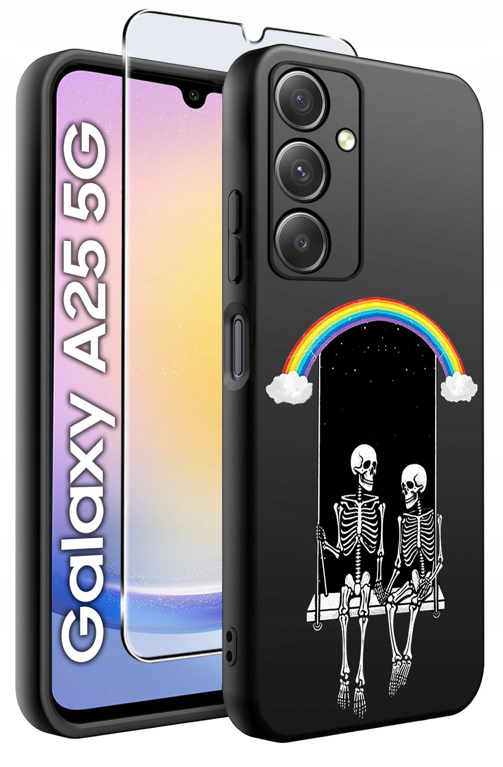 Czarne etui na telefon z nadrukiem dwóch szkieletów siedzących na huśtawce pod tęczą. Obok znajduje się szkło hartowane oraz napis \'Galaxy A25 5G\'.