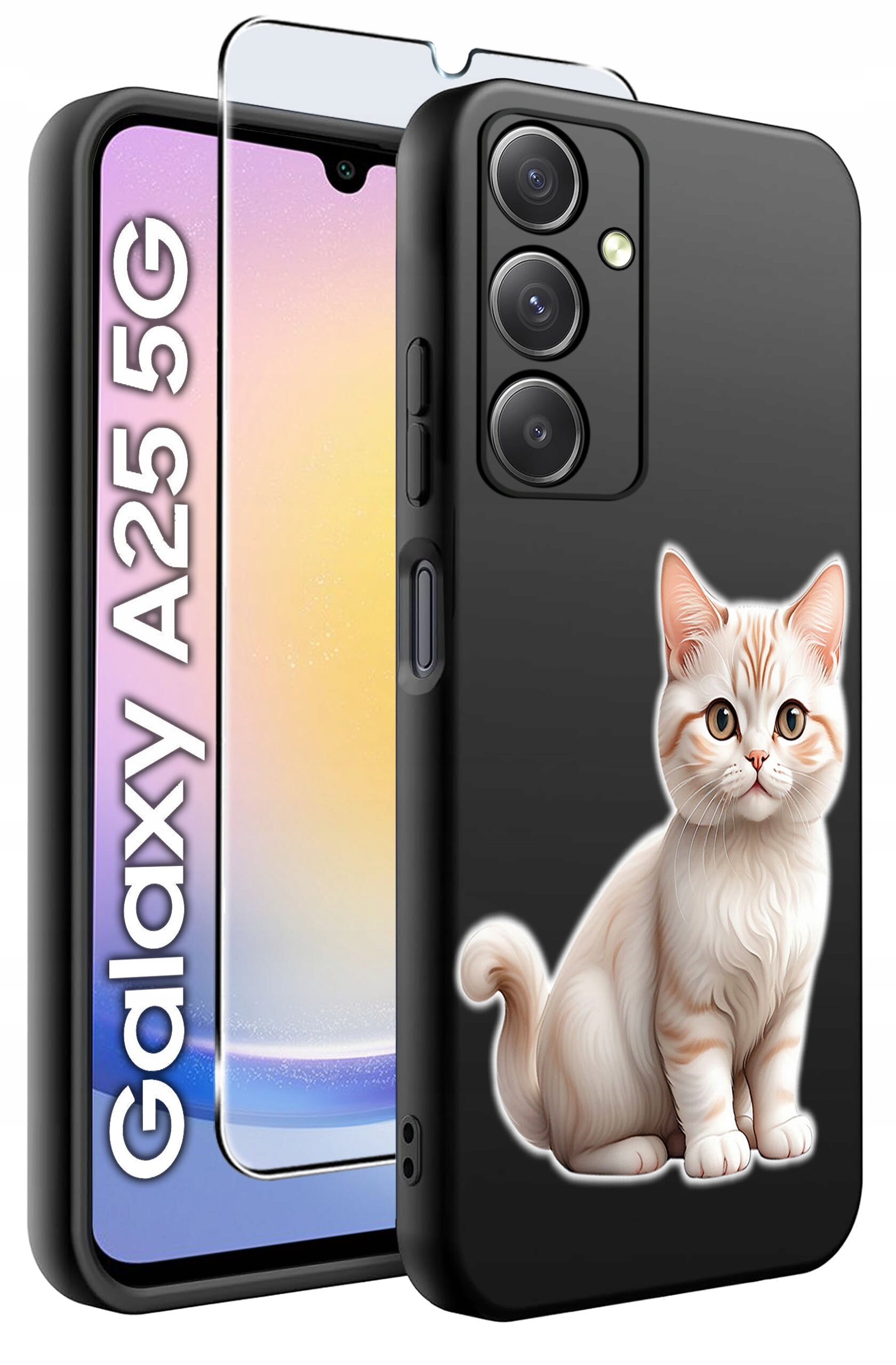 Obraz przedstawia czarne etui na telefon z nadrukiem kota oraz szkło hartowane. Obok widoczny jest napis \'Galaxy A25 5G\'.