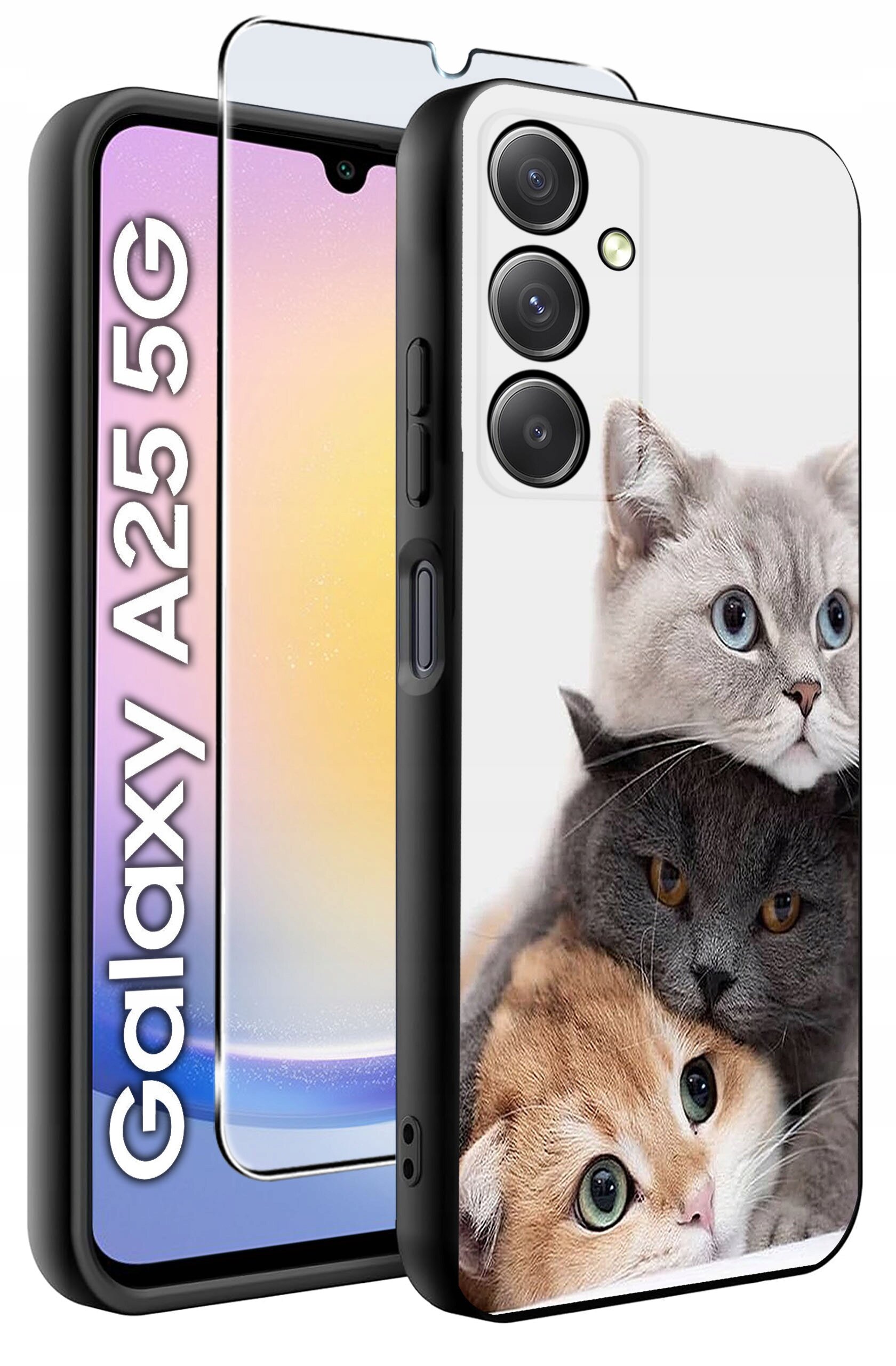Etui na telefon z nadrukiem trzech kotów, obok widoczna jest szybka ochronna. Na ekranie telefonu napis \'Galaxy A25 5G\'.