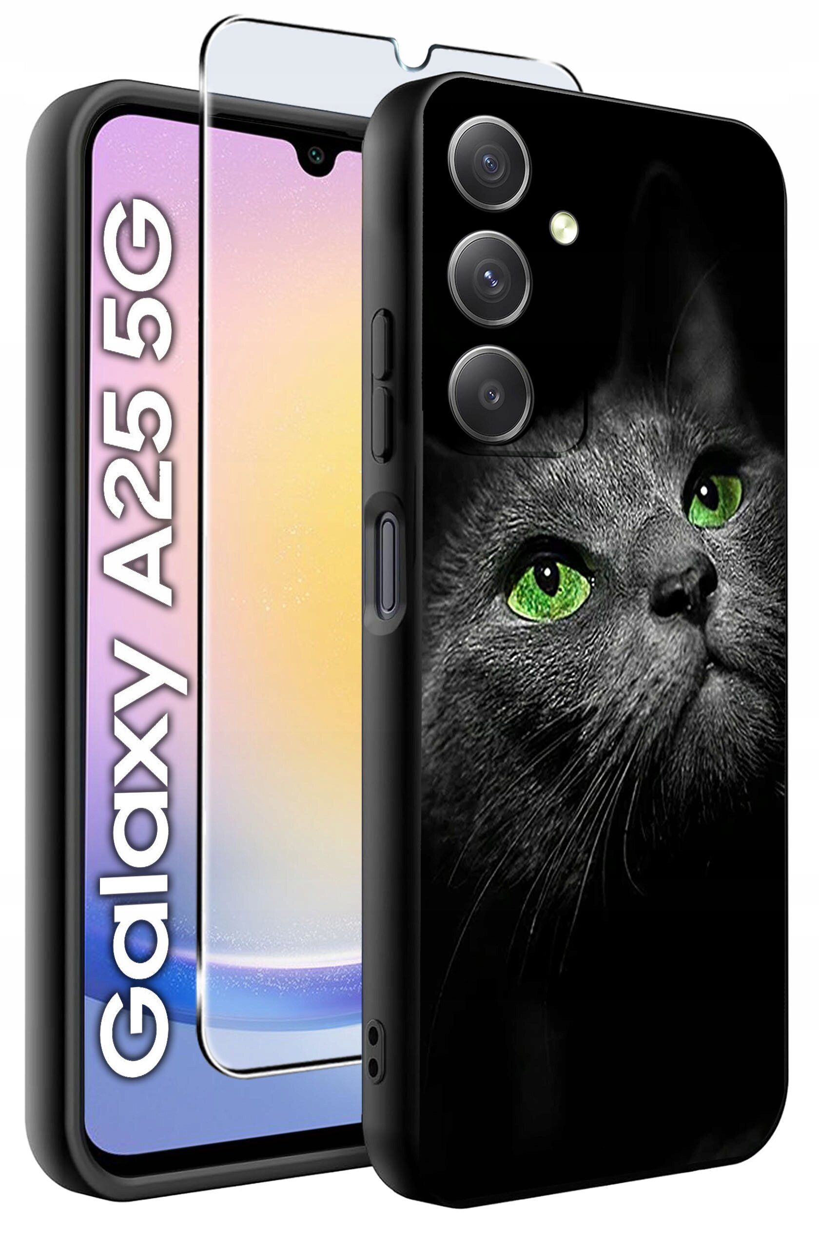 Obraz przedstawia etui na telefon z nadrukiem kota o zielonych oczach oraz szkło hartowane. Obok widoczny jest napis \'Galaxy A25 5G\'.