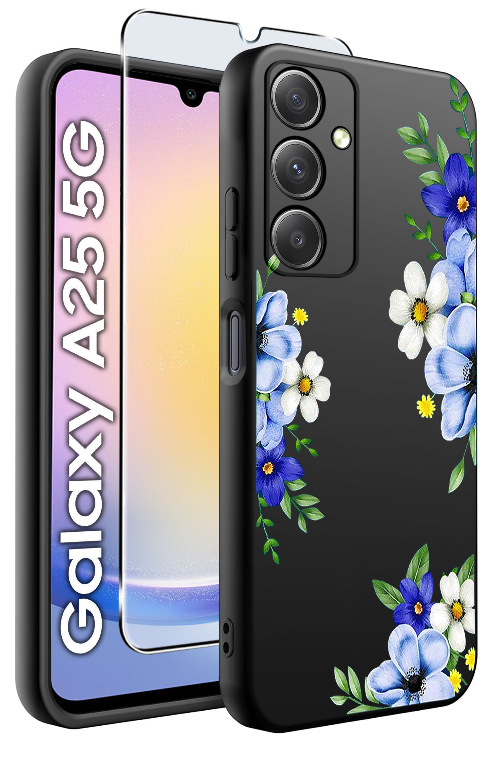 Czarne etui na telefon z kolorowym wzorem kwiatów, obok którego znajduje się szkło hartowane. Na ekranie telefonu widoczny jest napis \'Galaxy A25 5G\'.