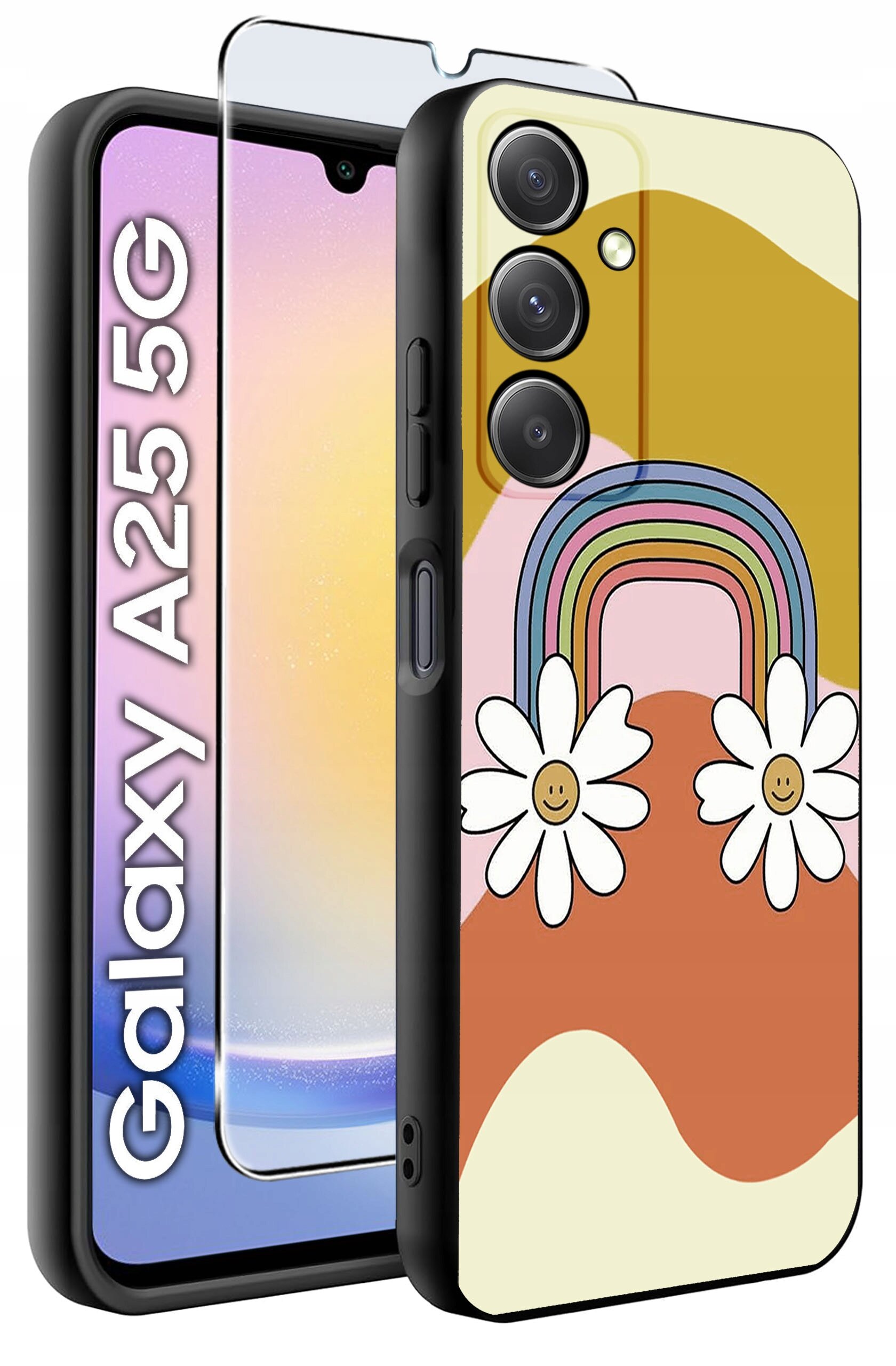 Etui na telefon z kolorowym wzorem tęczy i kwiatów oraz szkło hartowane. Obok widoczny napis \'Galaxy A25 5G\'.