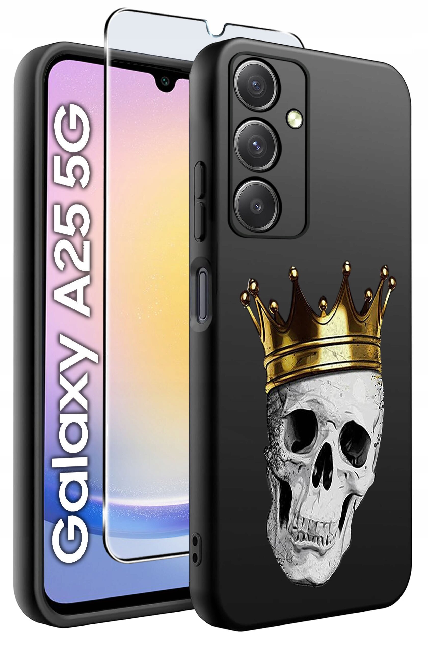 Obraz przedstawia czarne etui na telefon z nadrukiem czaszki w złotej koronie. Obok znajduje się szkło hartowane, a na ekranie telefonu widoczny jest napis \'Galaxy A25 5G\'.