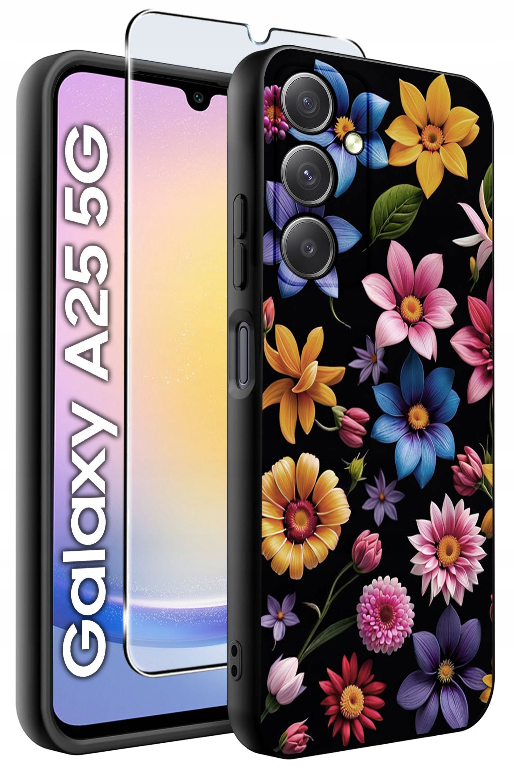 Obraz przedstawia etui na telefon z kolorowym wzorem kwiatów oraz szkło hartowane. Na ekranie telefonu widoczny jest napis \'Galaxy A25 5G\'.