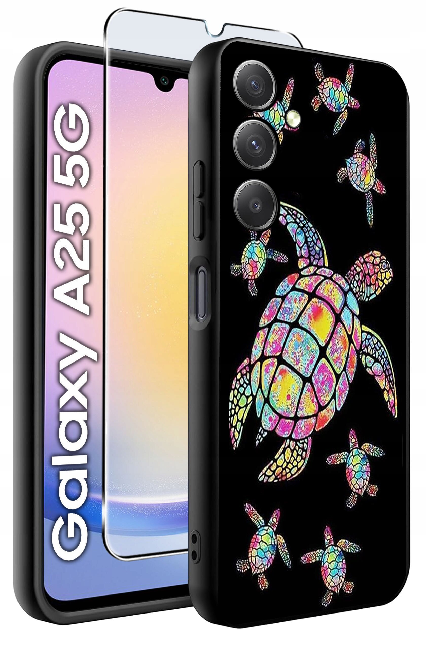 Etui na telefon z kolorowym wzorem żółwi na czarnym tle, obok widoczne szkło hartowane. Na ekranie telefonu napis \'Galaxy A25 5G\'.