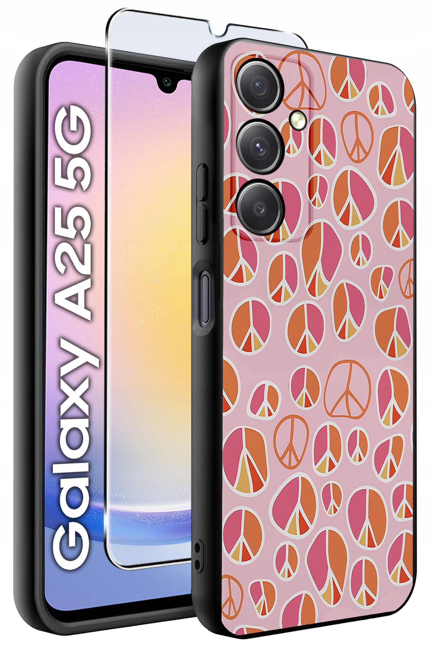 Obraz przedstawia etui na telefon z kolorowym wzorem symboli pokoju oraz szkło hartowane. Na ekranie telefonu widoczny jest napis \'Galaxy A25 5G\'.