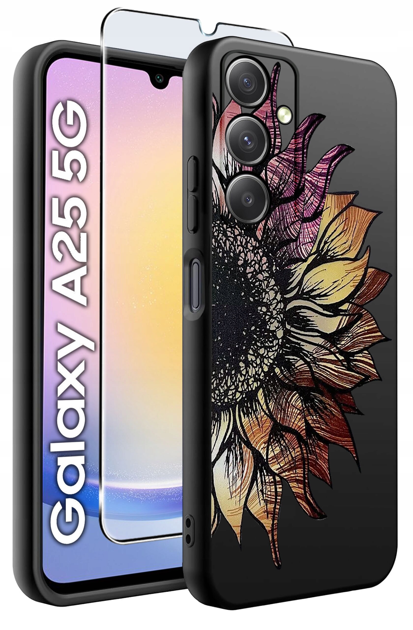 Obraz przedstawia etui na telefon z wzorem słonecznika oraz szkło hartowane. Na ekranie telefonu widoczny jest napis \'Galaxy A25 5G\'.