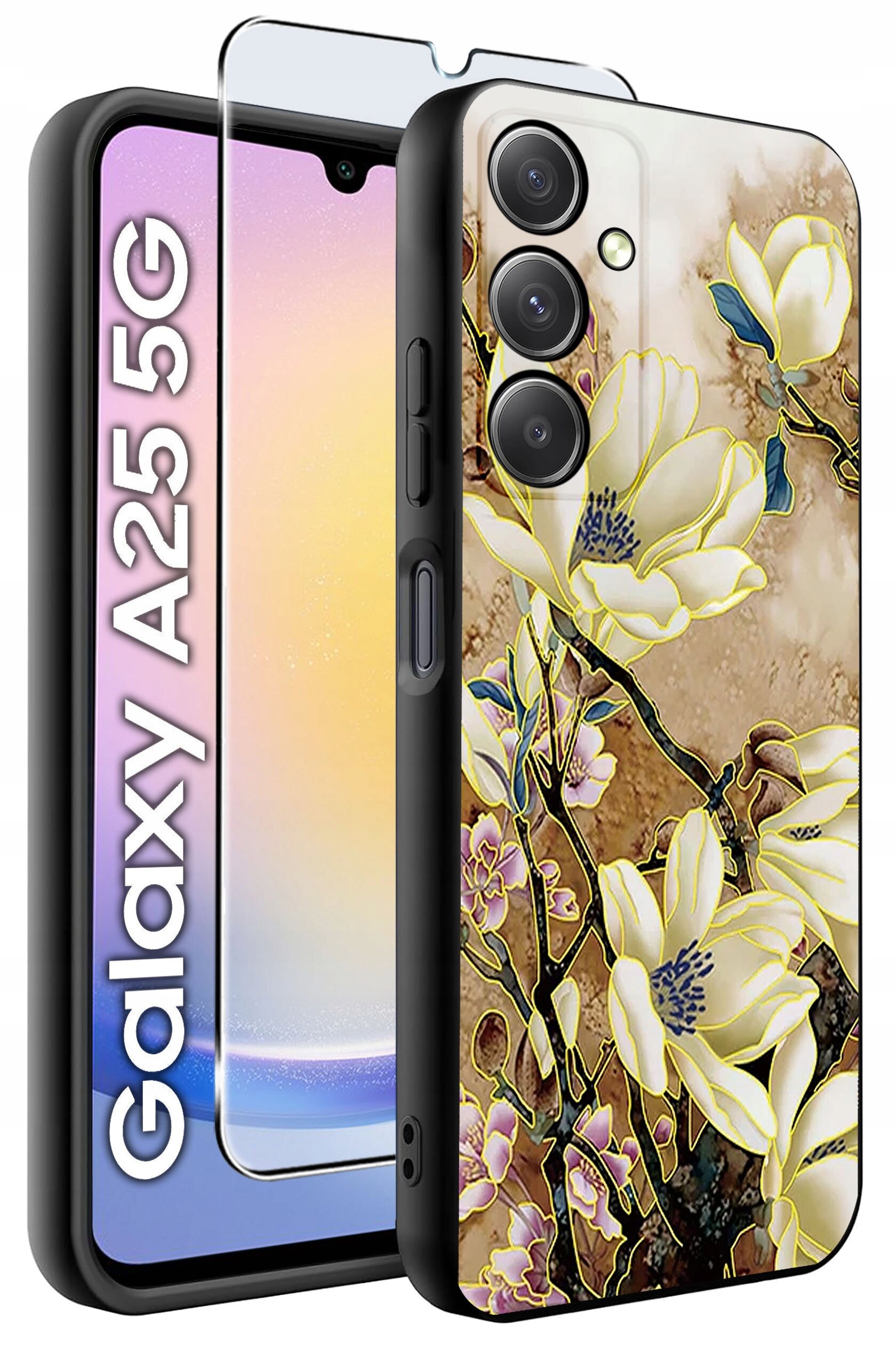 Obraz przedstawia etui na telefon z wzorem kwiatów oraz szkło hartowane. Obok widoczny jest napis \'Galaxy A25 5G\'.