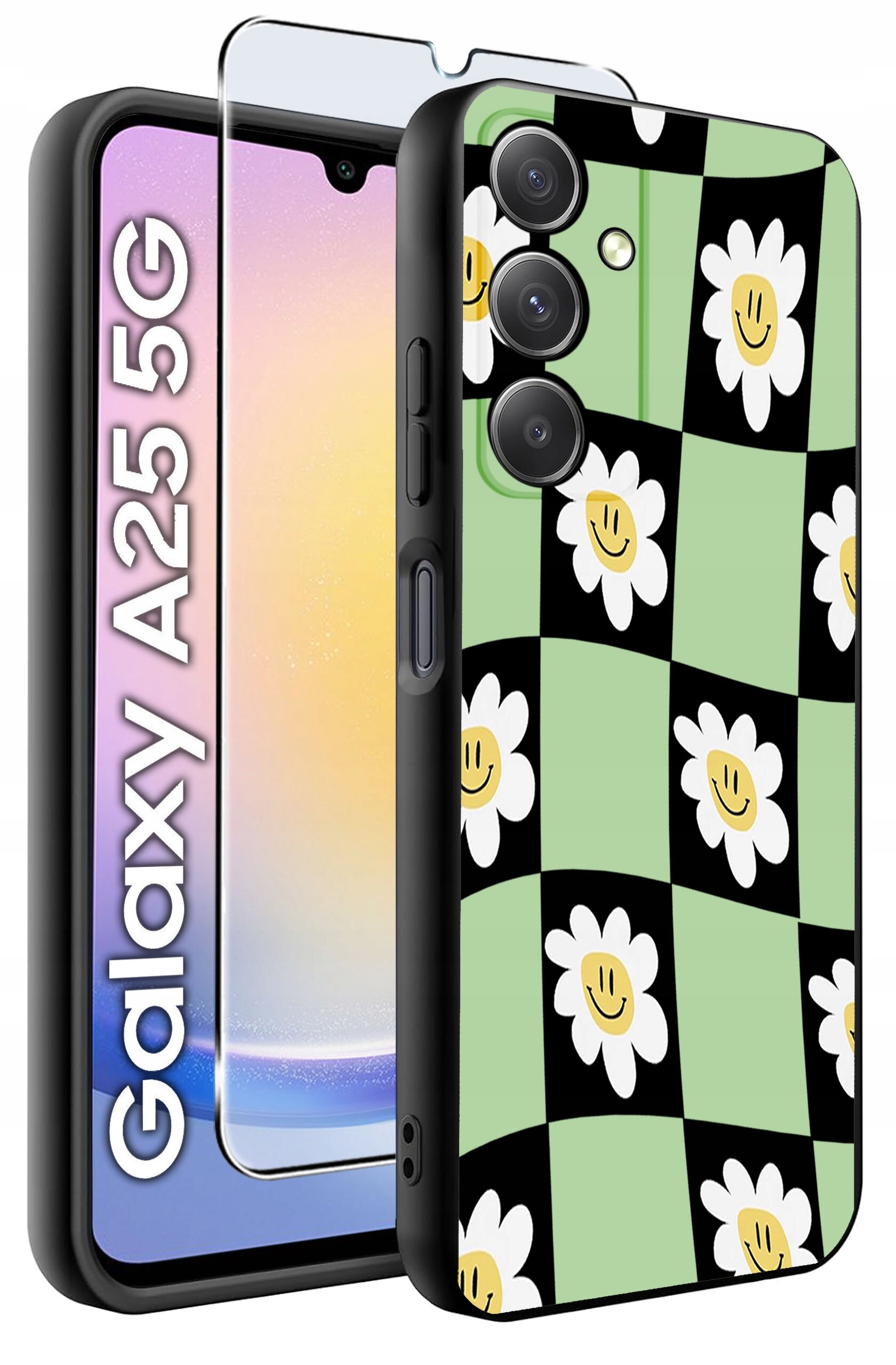 Obraz przedstawia etui na telefon z wzorem w biało-żółte kwiaty na zielono-czarnym tle oraz szkło hartowane. Widoczny jest napis \'Galaxy A25 5G\'.