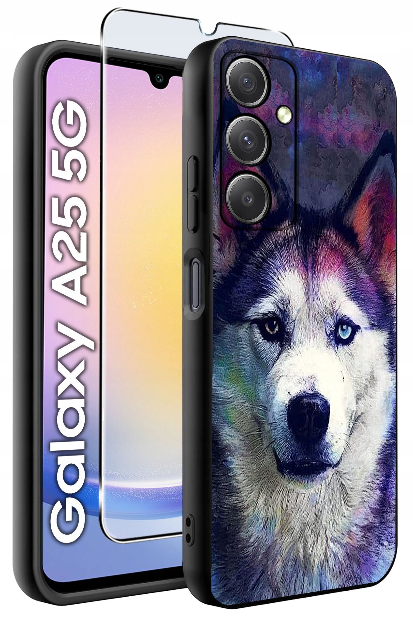 Obraz przedstawia etui na telefon z kolorowym wzorem psa oraz szkło hartowane. Obok widoczny jest napis \'Galaxy A25 5G\'.