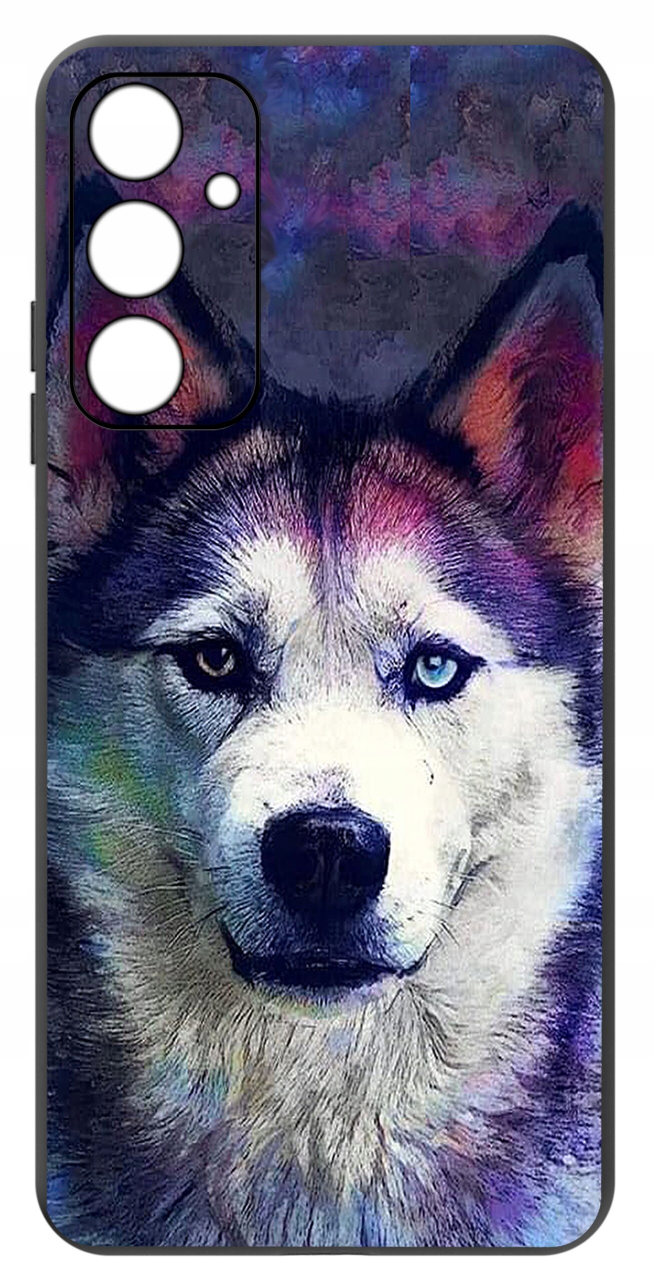 Etui na telefon z nadrukiem przedstawiającym kolorowy portret psa z różnobarwnym tłem. Etui ma wycięcia na aparat i przyciski boczne.