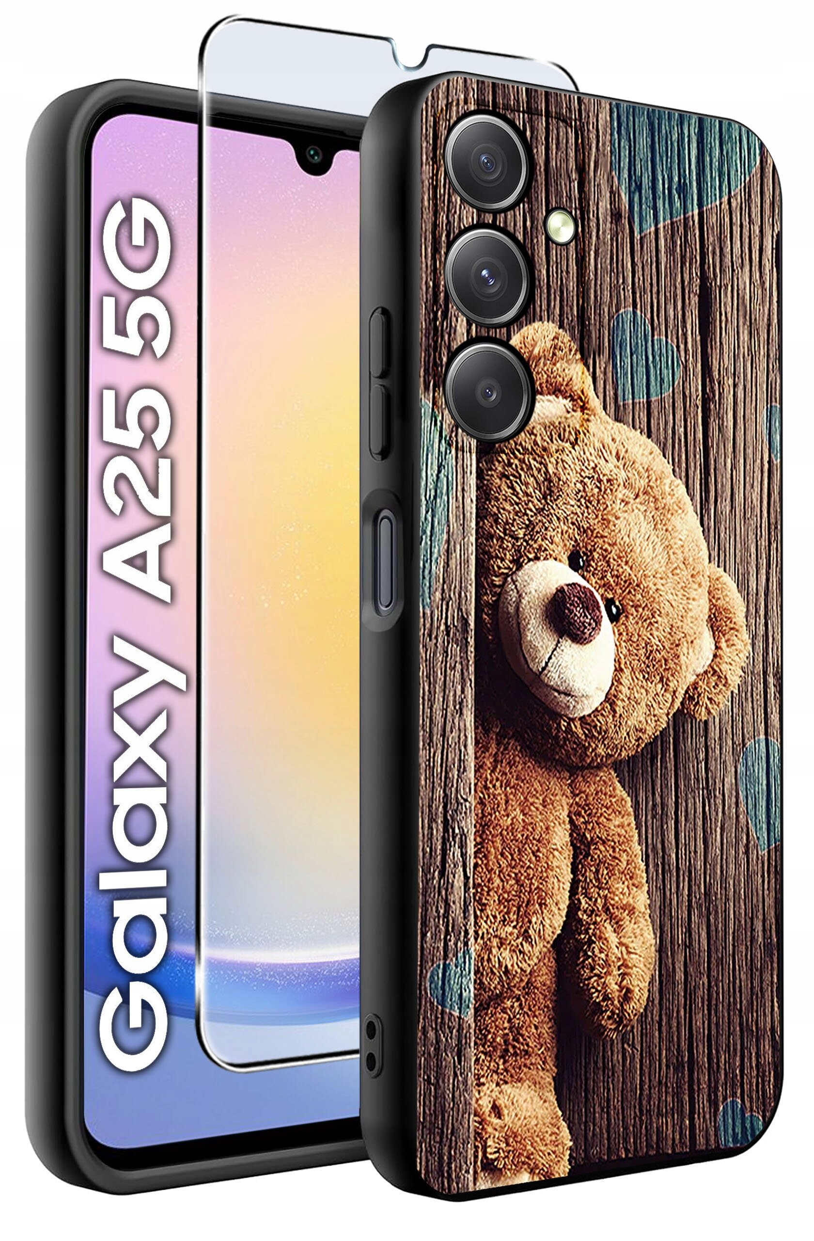 Etui na telefon z nadrukiem misia na tle drewnianej tekstury oraz szkło hartowane. Obok widoczny jest napis \'Galaxy A25 5G\'.