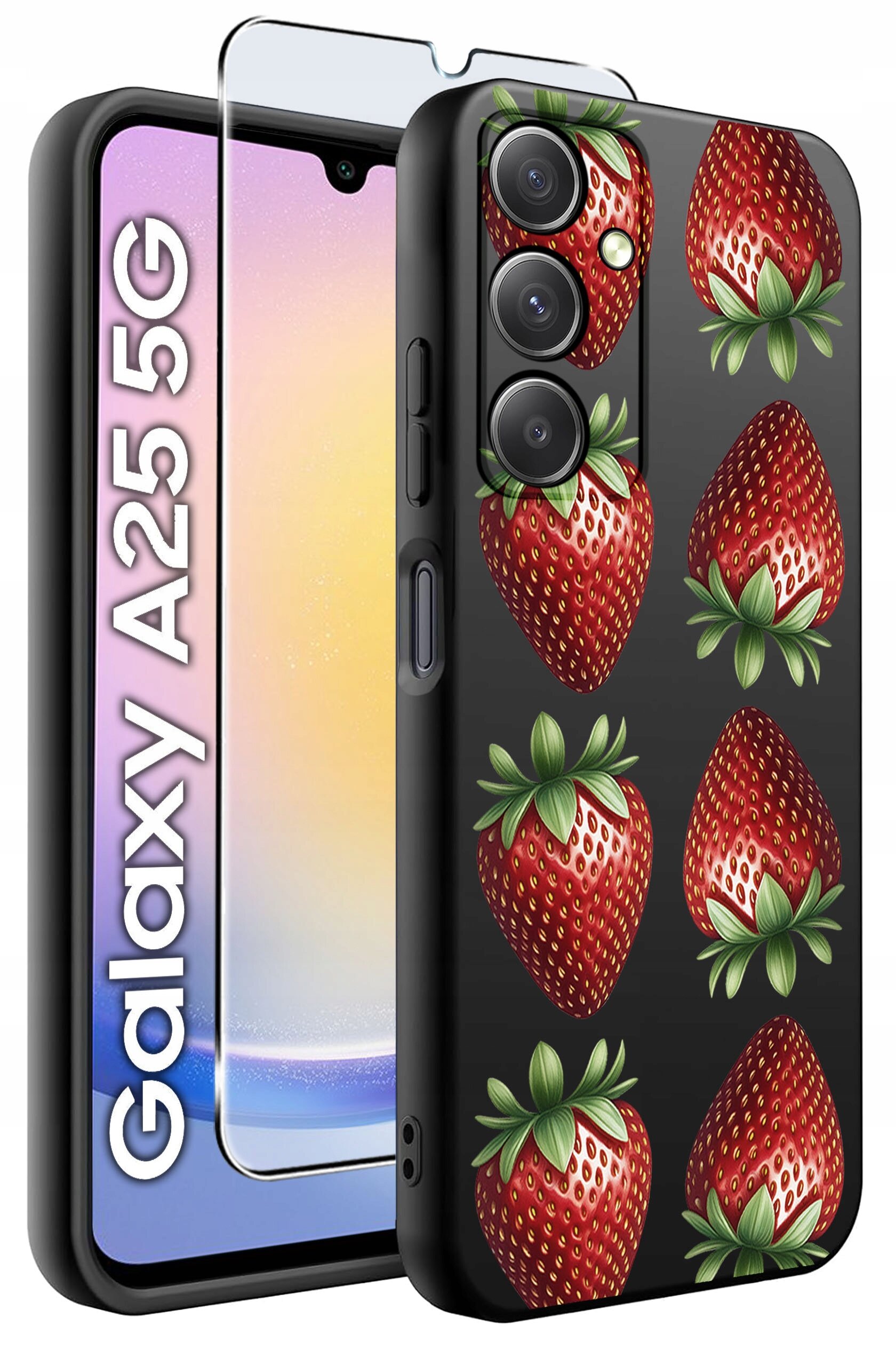 Etui na telefon z wzorem truskawek oraz szkło hartowane, obok widoczny napis \'Galaxy A25 5G\'.