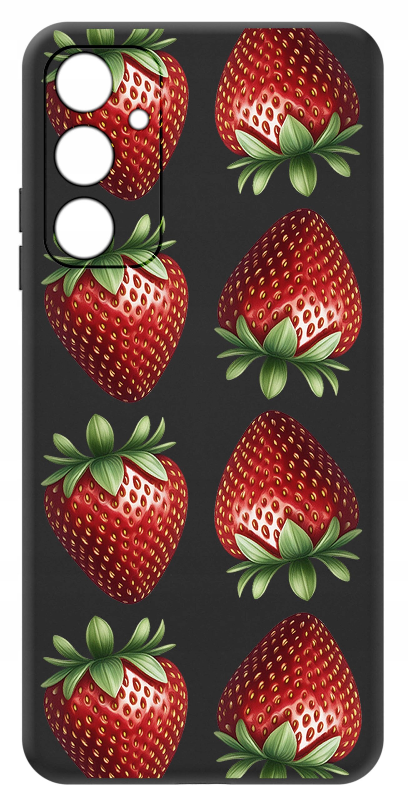 Etui na telefon z wzorem przedstawiającym czerwone truskawki na ciemnym tle. Etui posiada wycięcia na aparat i przyciski.