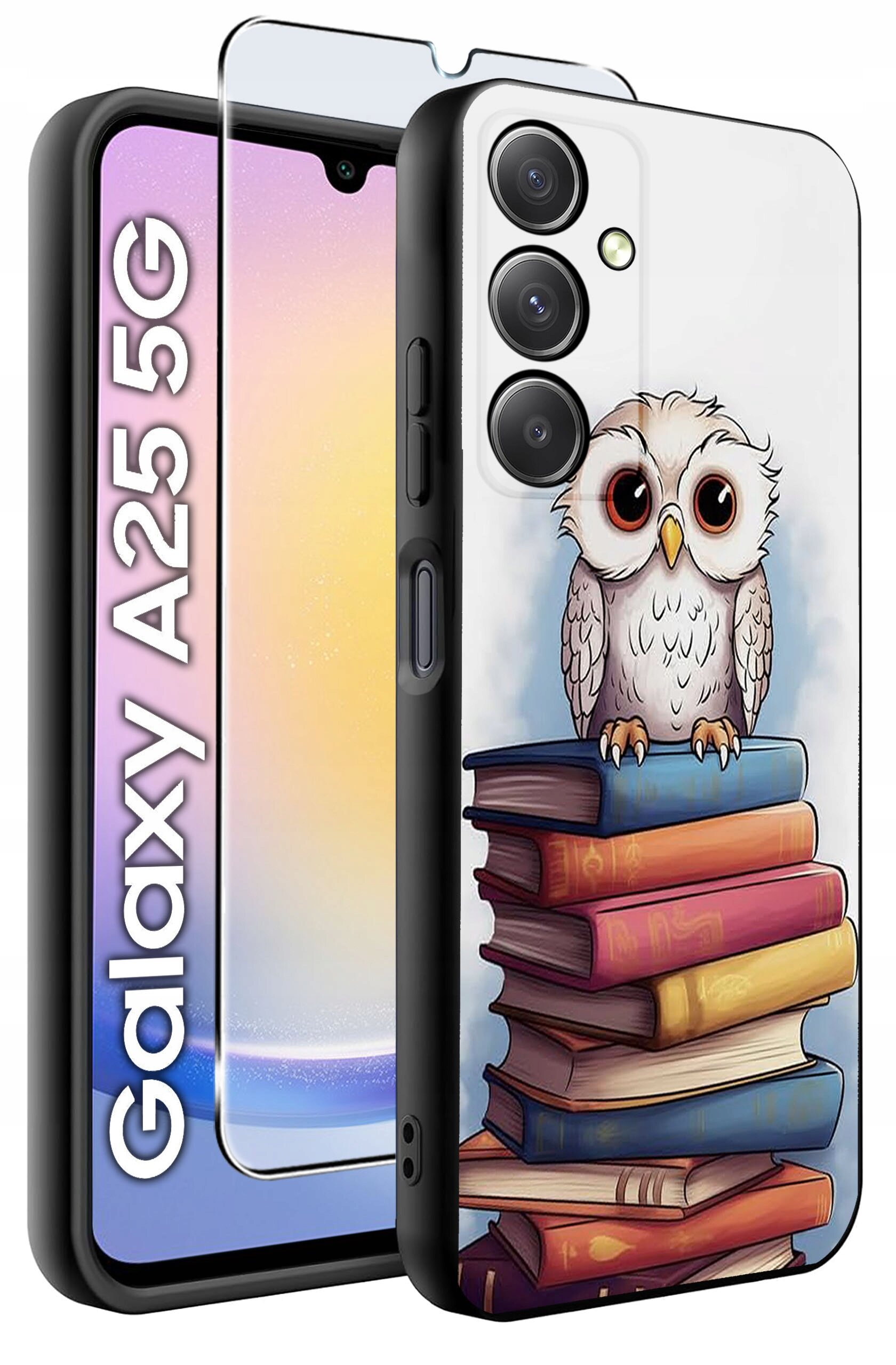 Etui na telefon z nadrukiem sowy siedzącej na stosie książek. Obok widoczna jest szybka ochronna oraz napis \'Galaxy A25 5G\'.