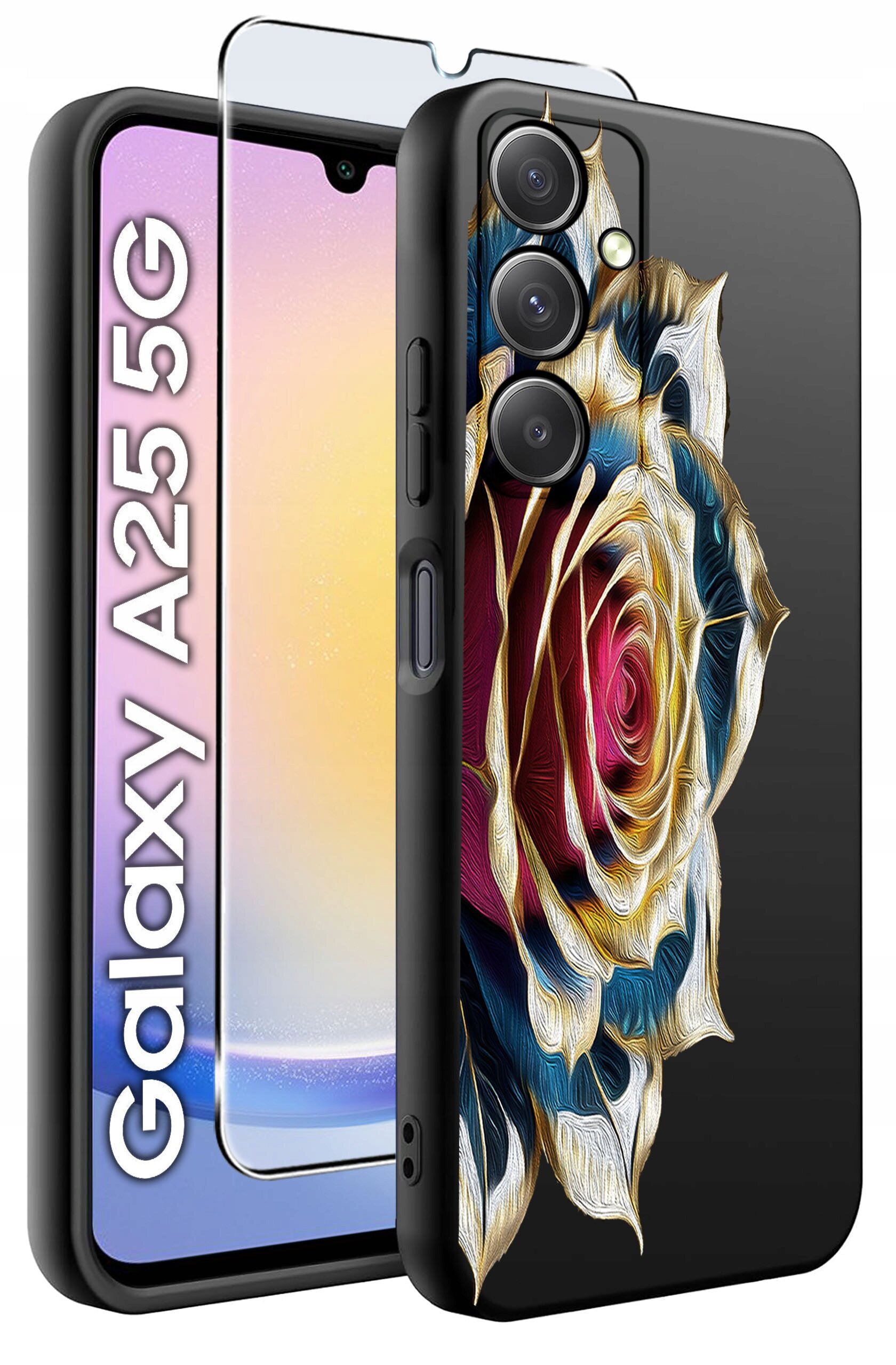 Obraz przedstawia etui na telefon z wzorem kolorowej róży oraz szkło hartowane. Na ekranie telefonu widoczny jest tekst: \'Galaxy A25 5G\'.