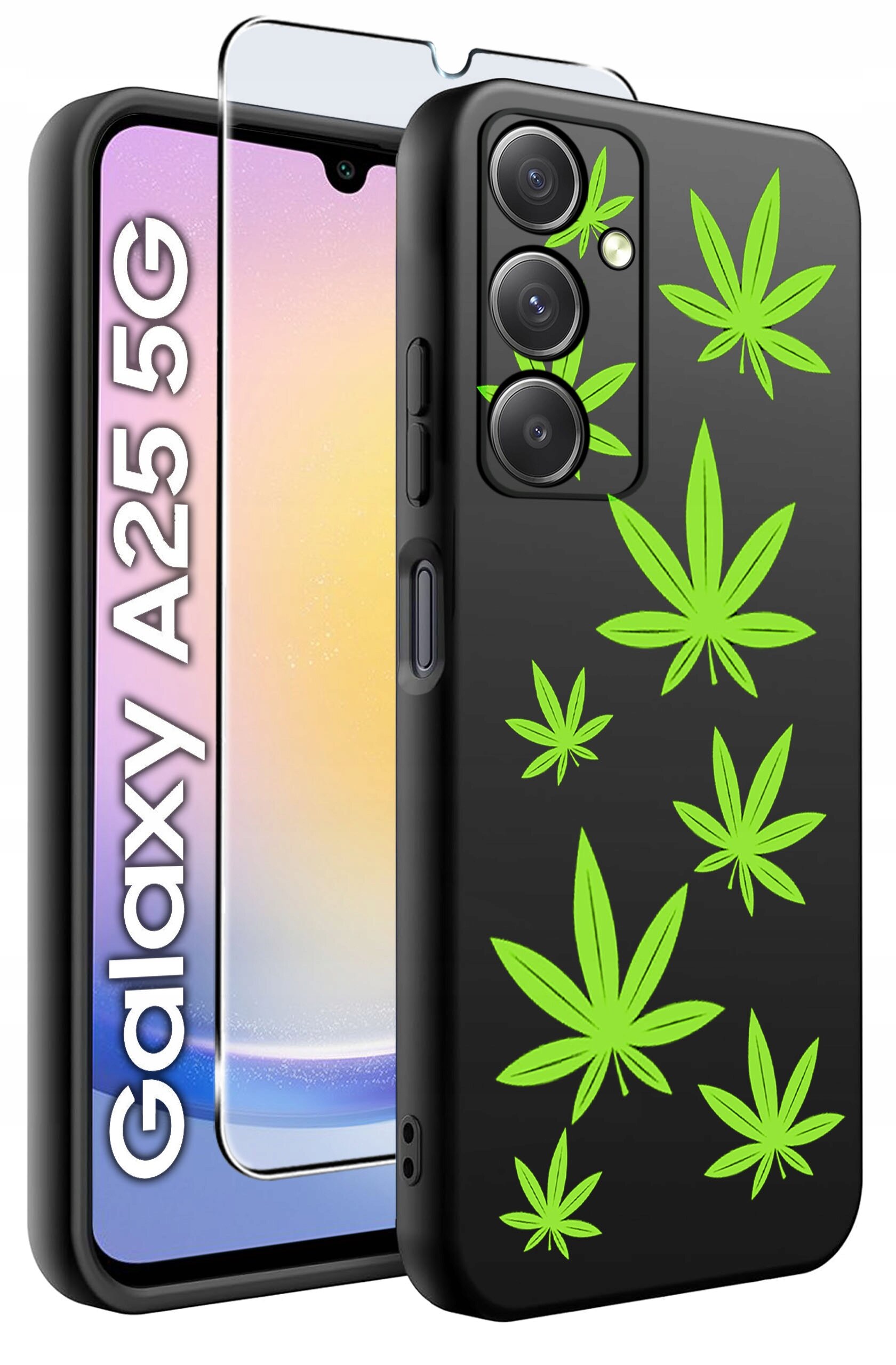 Obraz przedstawia czarne etui na telefon z zielonymi wzorami liści oraz szkło hartowane. Obok widoczny jest napis \'Galaxy A25 5G\'.