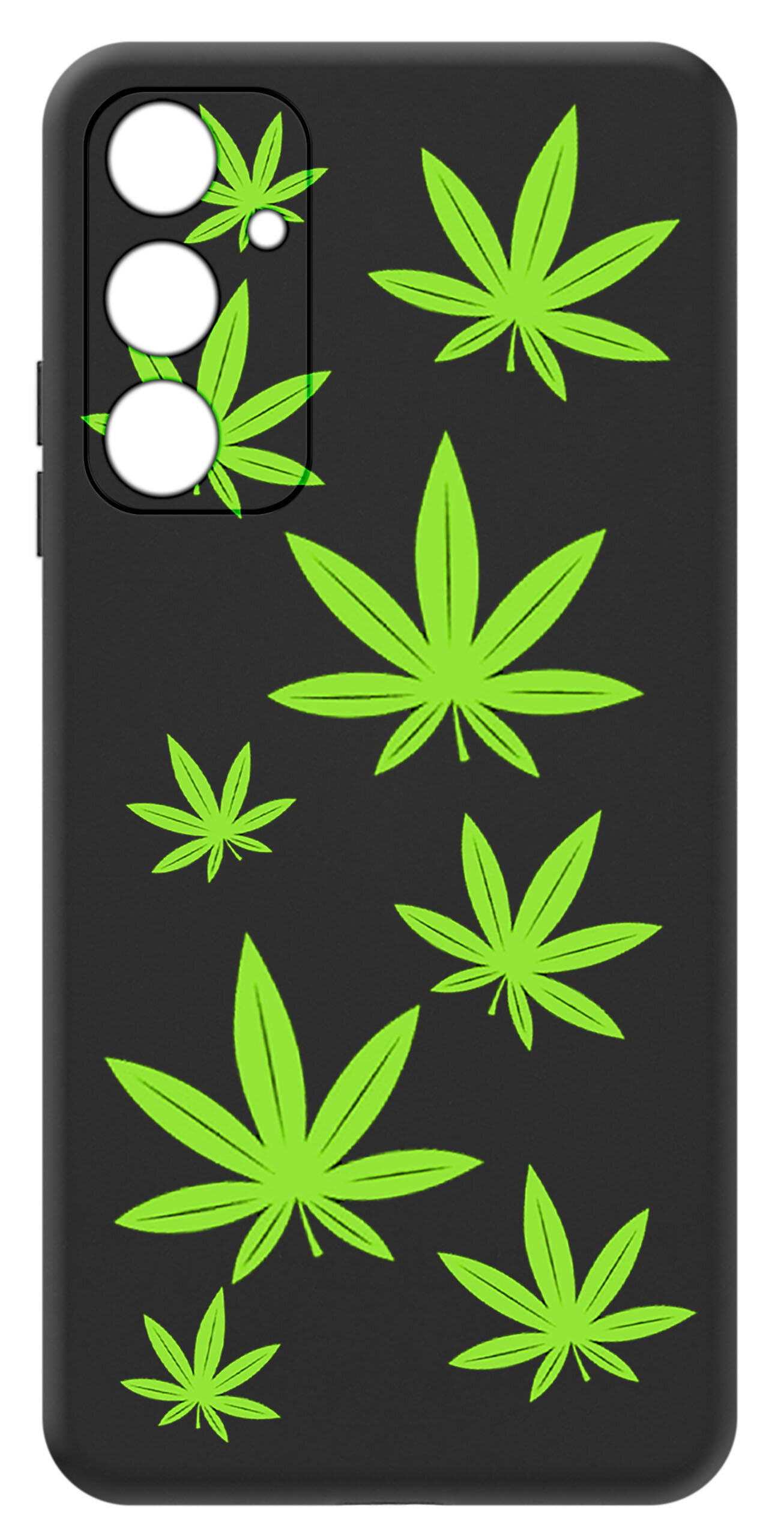 Czarne etui na telefon z zielonymi wzorami liści. Etui posiada wycięcia na trzy obiektywy aparatu.