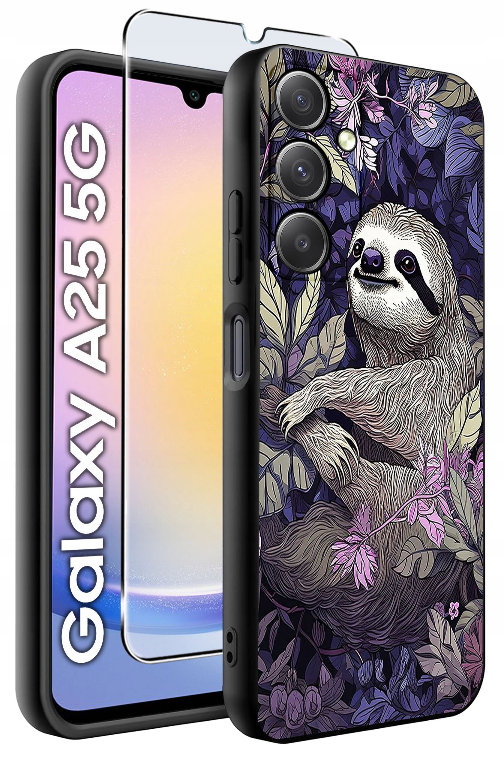 Etui na telefon z motywem leniwca wśród liści i kwiatów, obok szkło hartowane. Na ekranie telefonu widoczny napis \'Galaxy A25 5G\'.