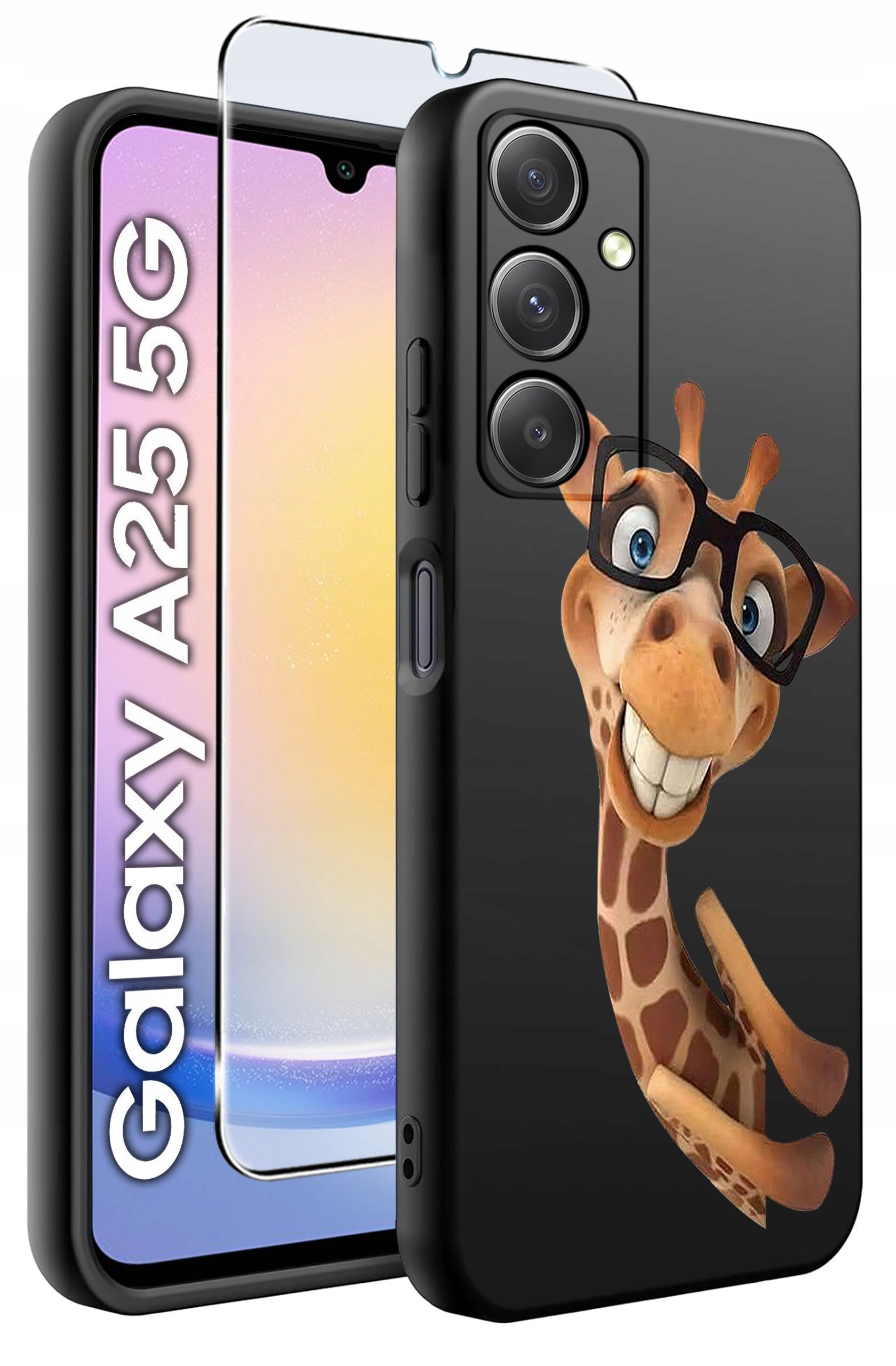Etui na telefon z grafiką przedstawiającą uśmiechniętą żyrafę w okularach oraz szkło hartowane. Obok widoczny jest napis \'Galaxy A25 5G\'.