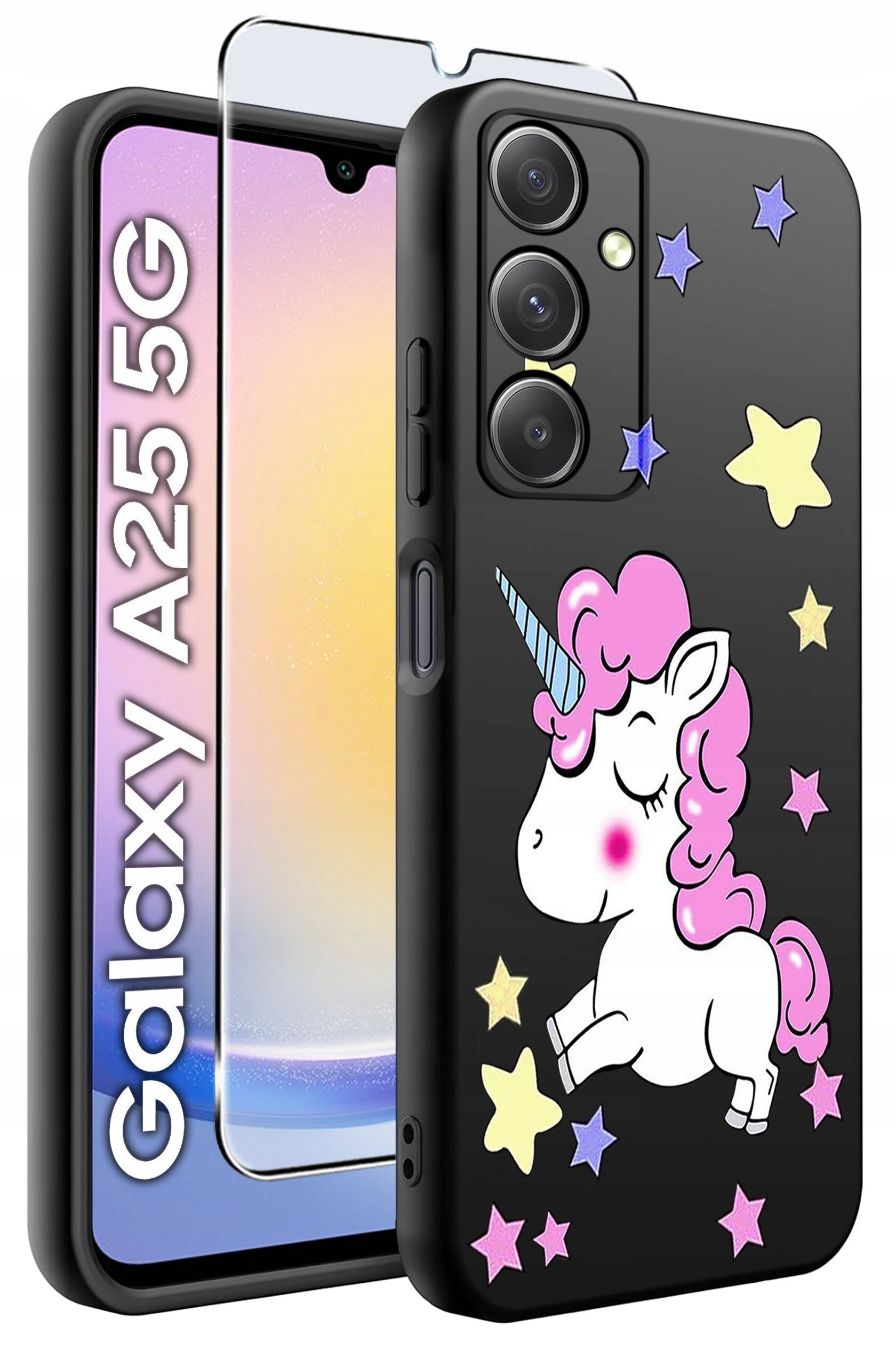 Etui na telefon z motywem jednorożca i kolorowymi gwiazdkami, obok widoczne szkło hartowane. Na ekranie telefonu napis \'Galaxy A25 5G\'.