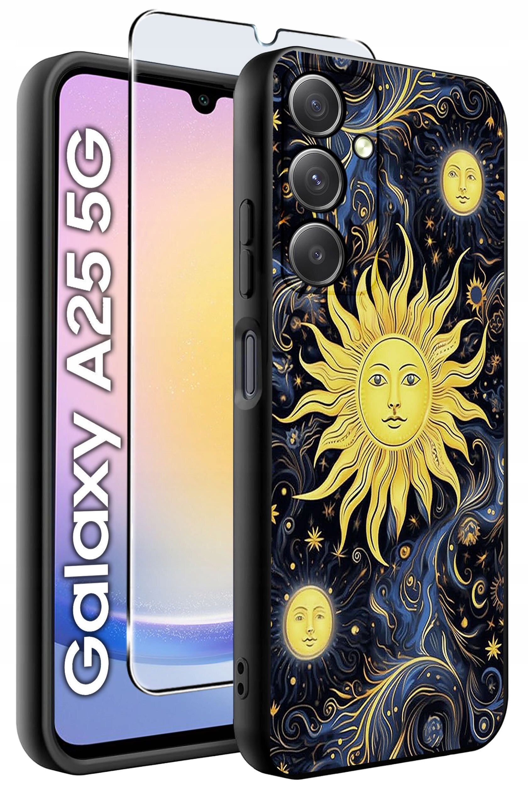 Etui na telefon z wzorem słońca i gwiazd na ciemnym tle, obok znajduje się szkło hartowane. Widoczny napis: \'Galaxy A25 5G\'.