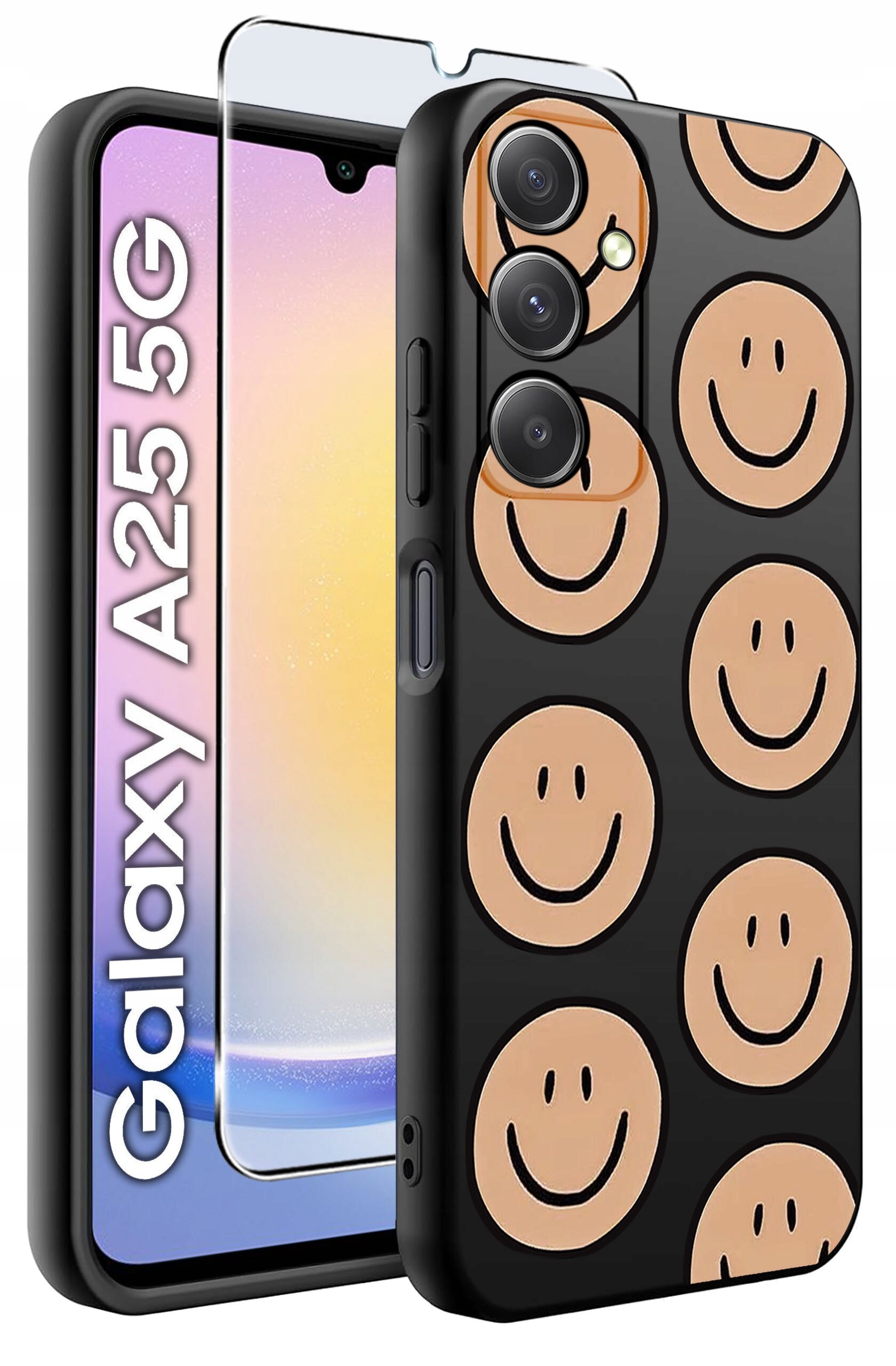 Obraz przedstawia etui na telefon z wzorem uśmiechniętych buziek oraz szkło hartowane. Obok widoczny jest napis \'Galaxy A25 5G\'.