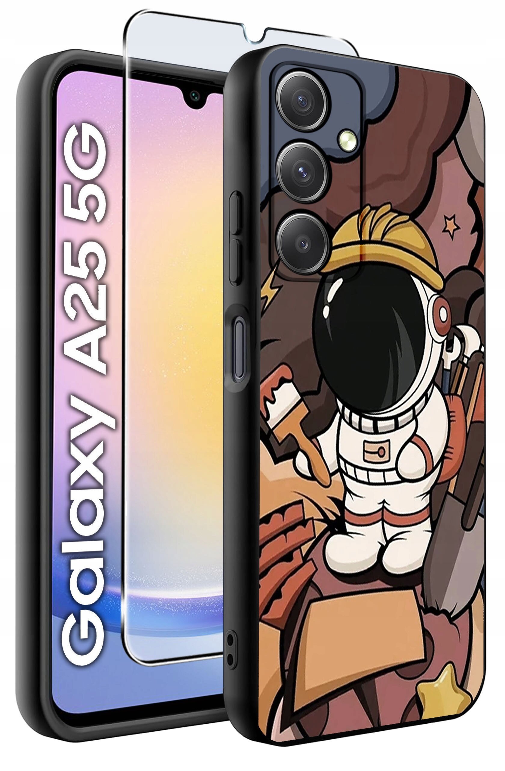 Etui na telefon z grafiką przedstawiającą astronautę w kasku, trzymającego pędzel. Obok etui znajduje się szkło hartowane, a na ekranie telefonu widoczny jest napis \'Galaxy A25 5G\'.