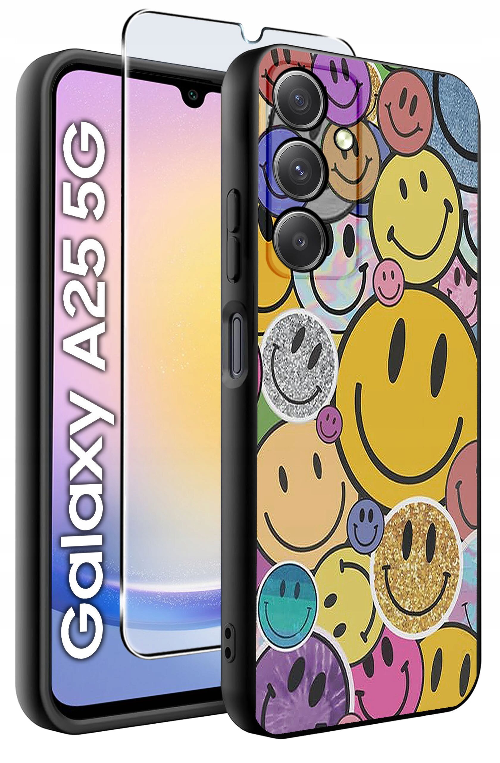 Obraz przedstawia etui na telefon z kolorowymi wzorami uśmiechniętych buziek oraz szkło hartowane. Obok widoczny jest napis \'Galaxy A25 5G\'.