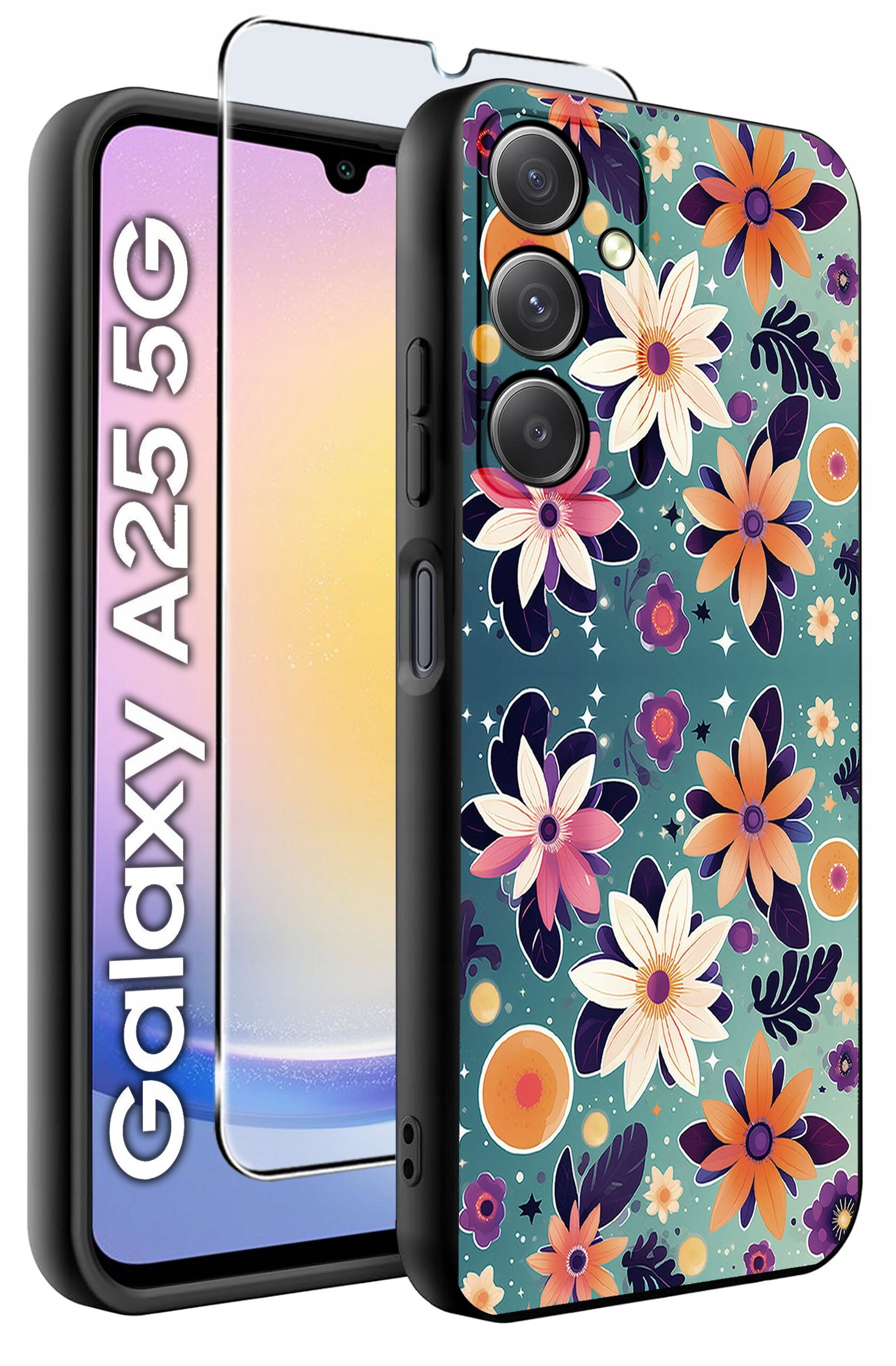 Etui na telefon z kolorowym wzorem kwiatowym, obok którego znajduje się szkło hartowane. Na ekranie telefonu widoczny jest napis \'Galaxy A25 5G\'.