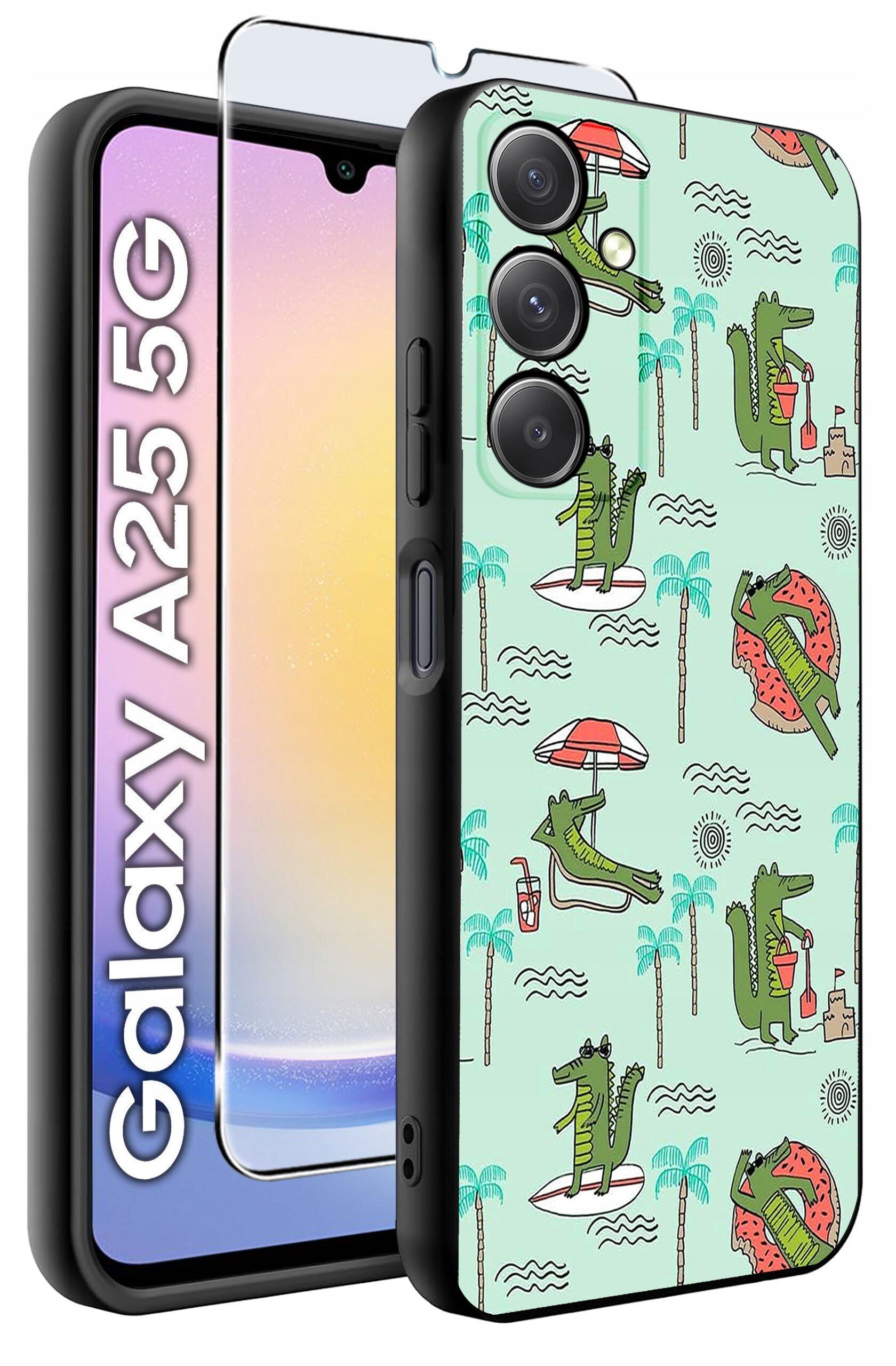Obraz przedstawia etui na telefon z wzorem krokodyli na tle palm i plażowych motywów. Obok etui znajduje się szkło hartowane, a na ekranie telefonu widoczny jest napis \'Galaxy A25 5G\'.