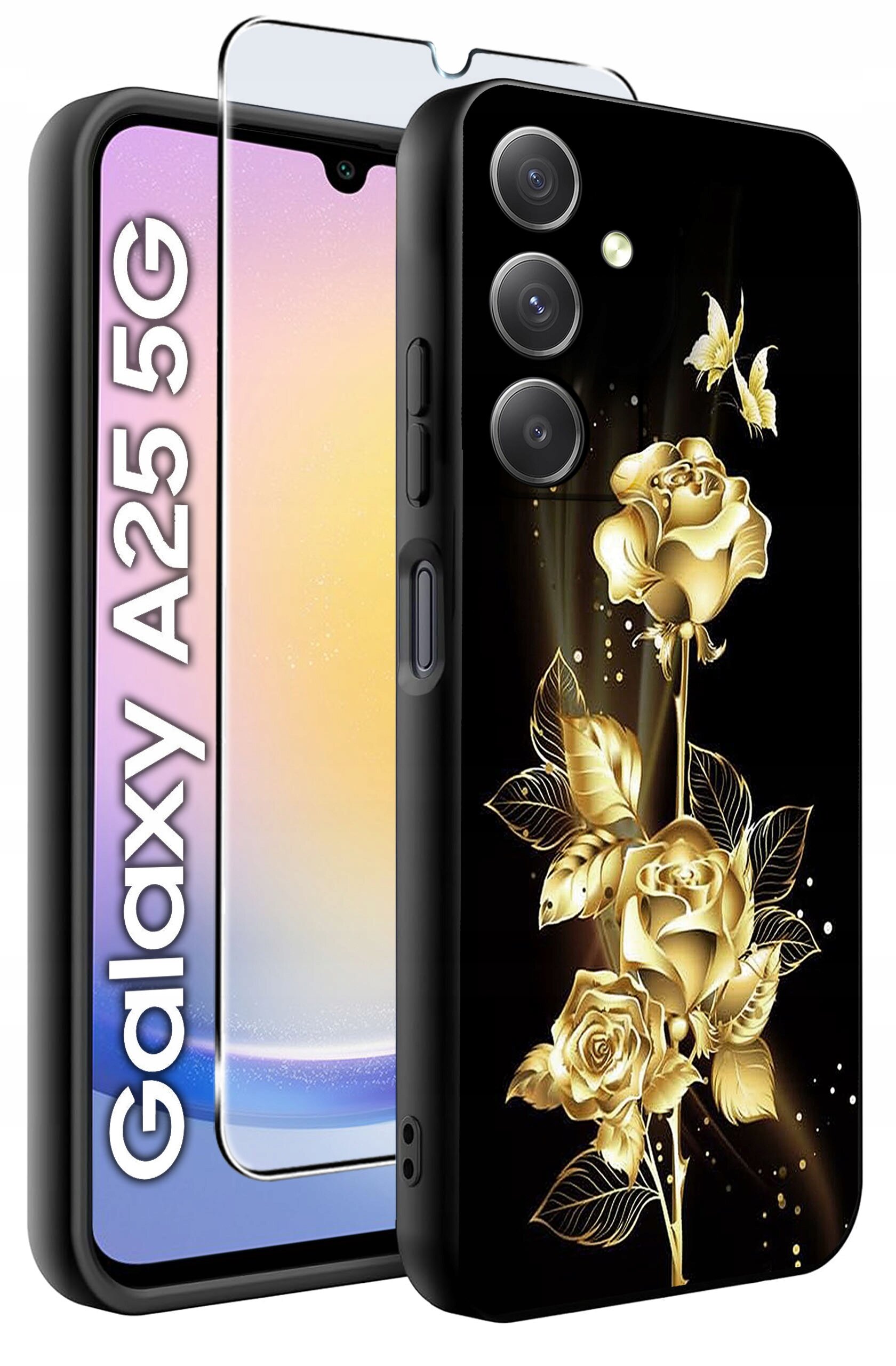 Obraz przedstawia etui na telefon z wzorem złotych róż i motyli na czarnym tle oraz szkło hartowane. Widoczny jest napis \'Galaxy A25 5G\'.