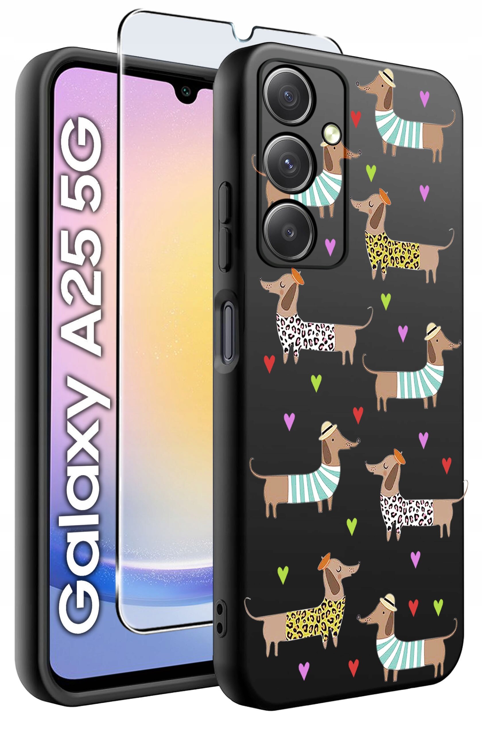 Etui na telefon z wzorem jamników w ubrankach i kolorowymi sercami na czarnym tle. Obok etui znajduje się szkło hartowane, a na ekranie telefonu widoczny jest napis \'Galaxy A25 5G\'.