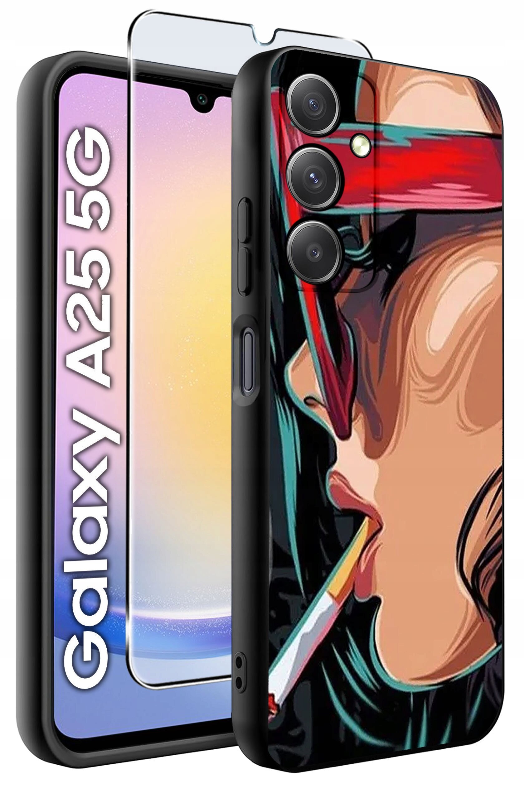 Etui na telefon z kolorowym wzorem przedstawiającym osobę z papierosem oraz szkło hartowane. Obok widoczny jest napis \'Galaxy A25 5G\'.