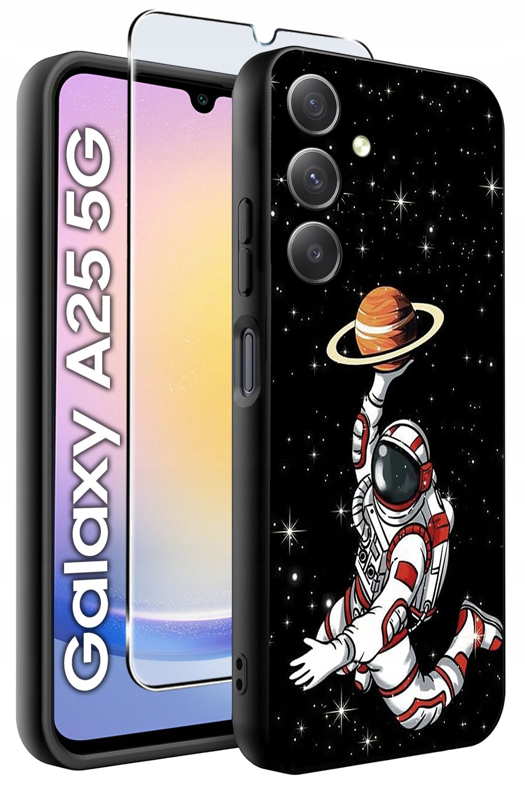 Obraz przedstawia etui na telefon z motywem astronauty trzymającego planetę na tle gwiazd. Obok znajduje się szkło hartowane, a na ekranie telefonu widoczny jest napis \'Galaxy A25 5G\'.